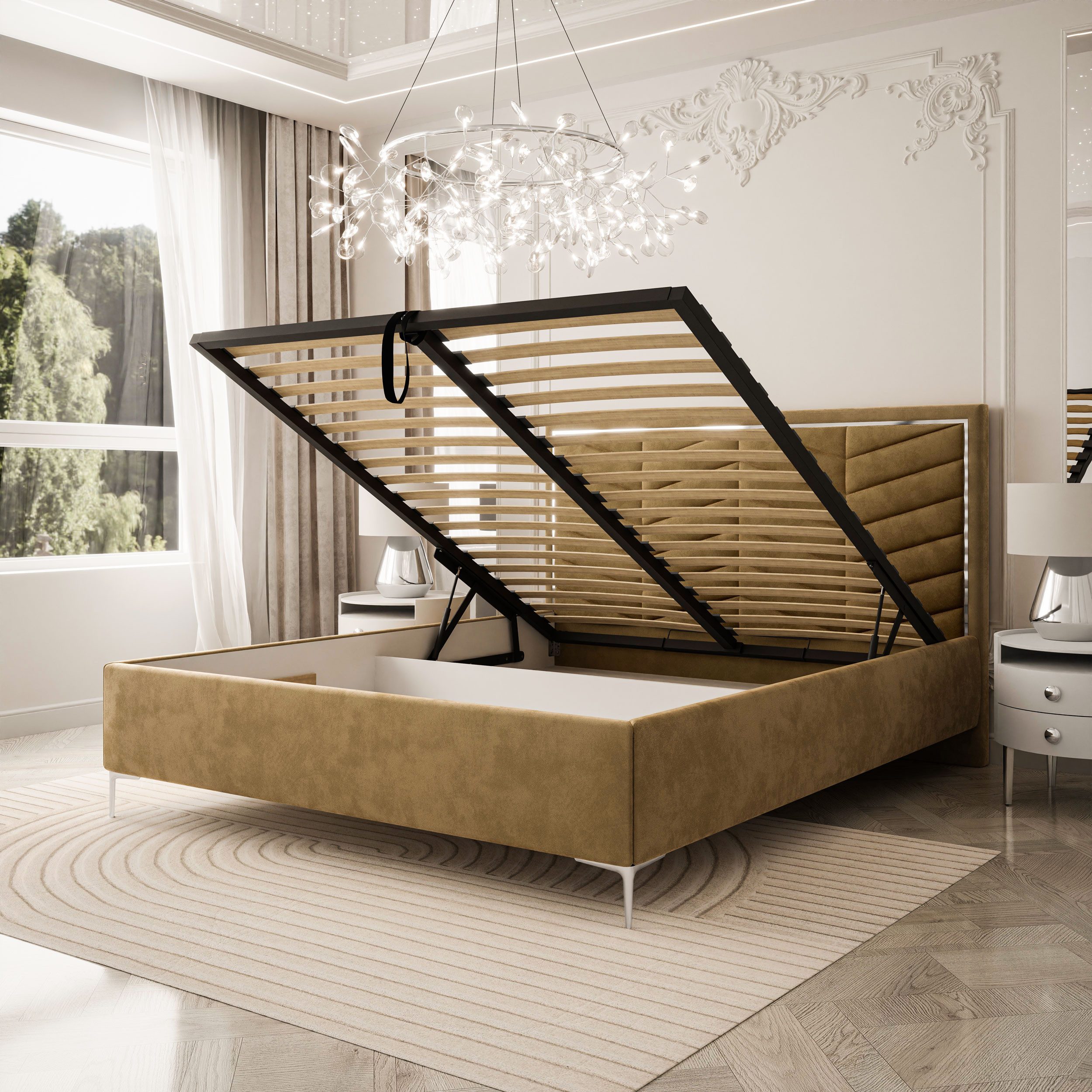 Lookway Polsterbett AURORA II mit Bettkasten (mit Metallgestell), mit gepolstertem Kopfteil