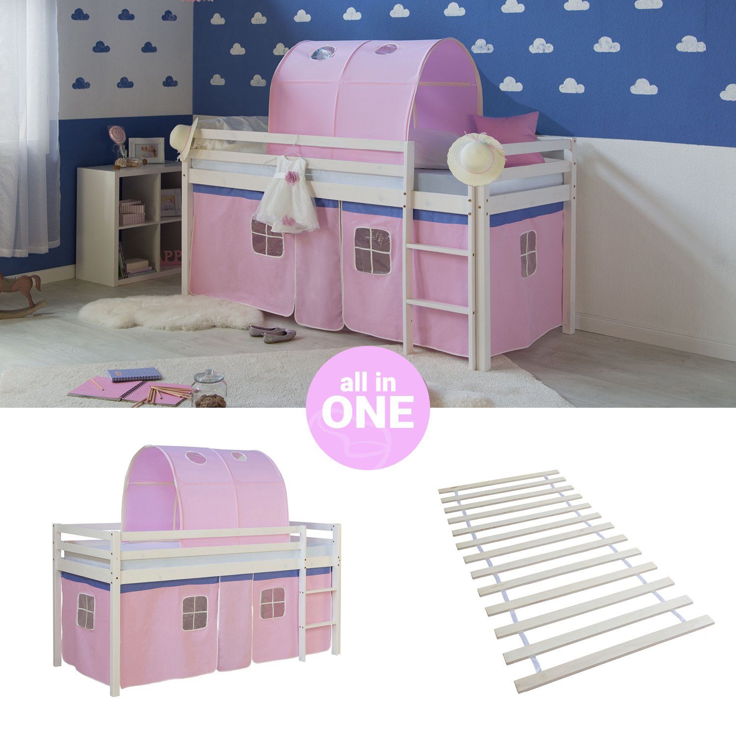 Homestyle4u Hochbett Kinderbett Matratze Rutsche Turm Rosa Tunnel