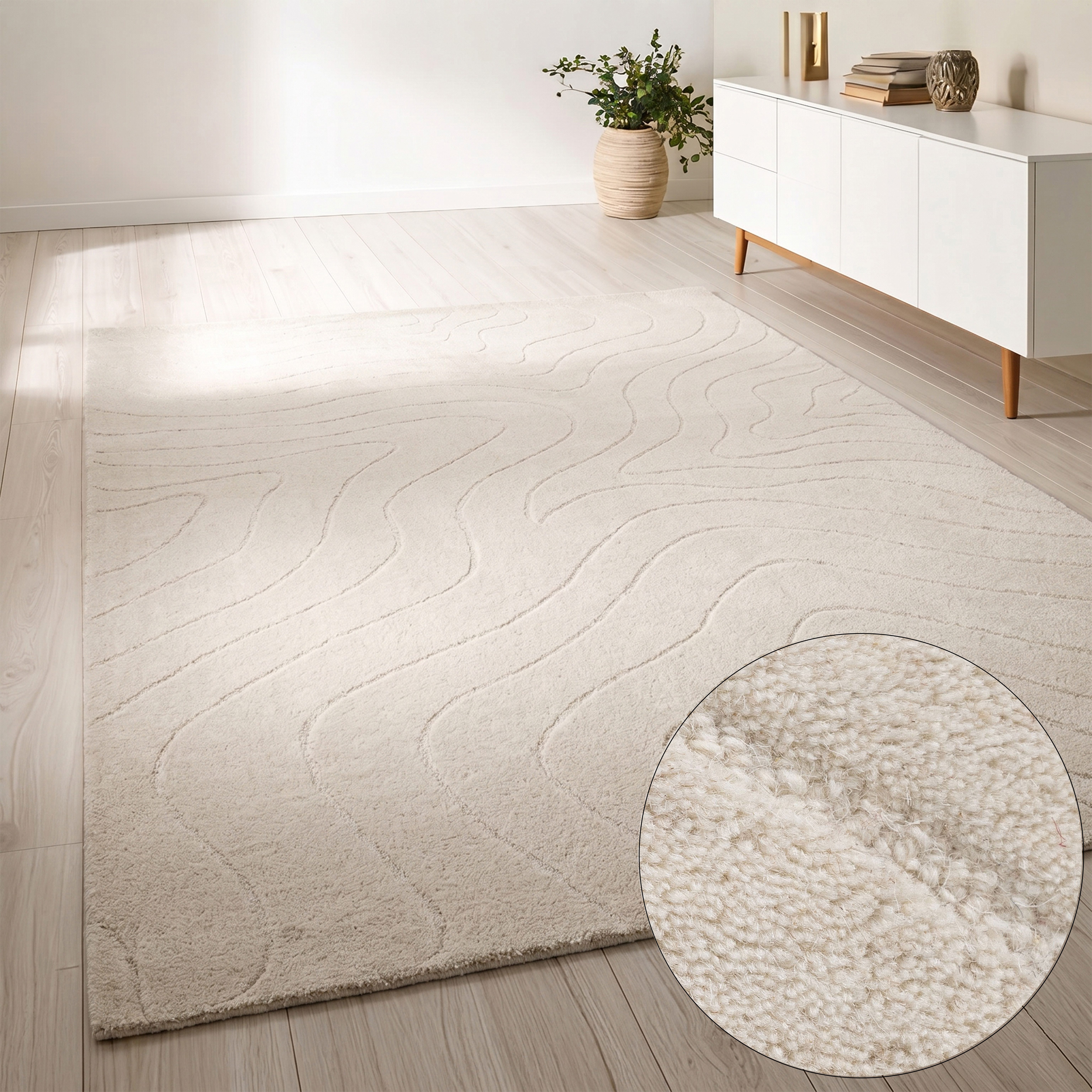 LeGer Home by Lena Gercke Wollteppich Zarrah, mit Wellendesign, Linienmuster, rechteckig, Höhe: 14 mm, reine Wolle, modern, Scandi, Wohnzimmer, Schlafzimmer, Esszimmer