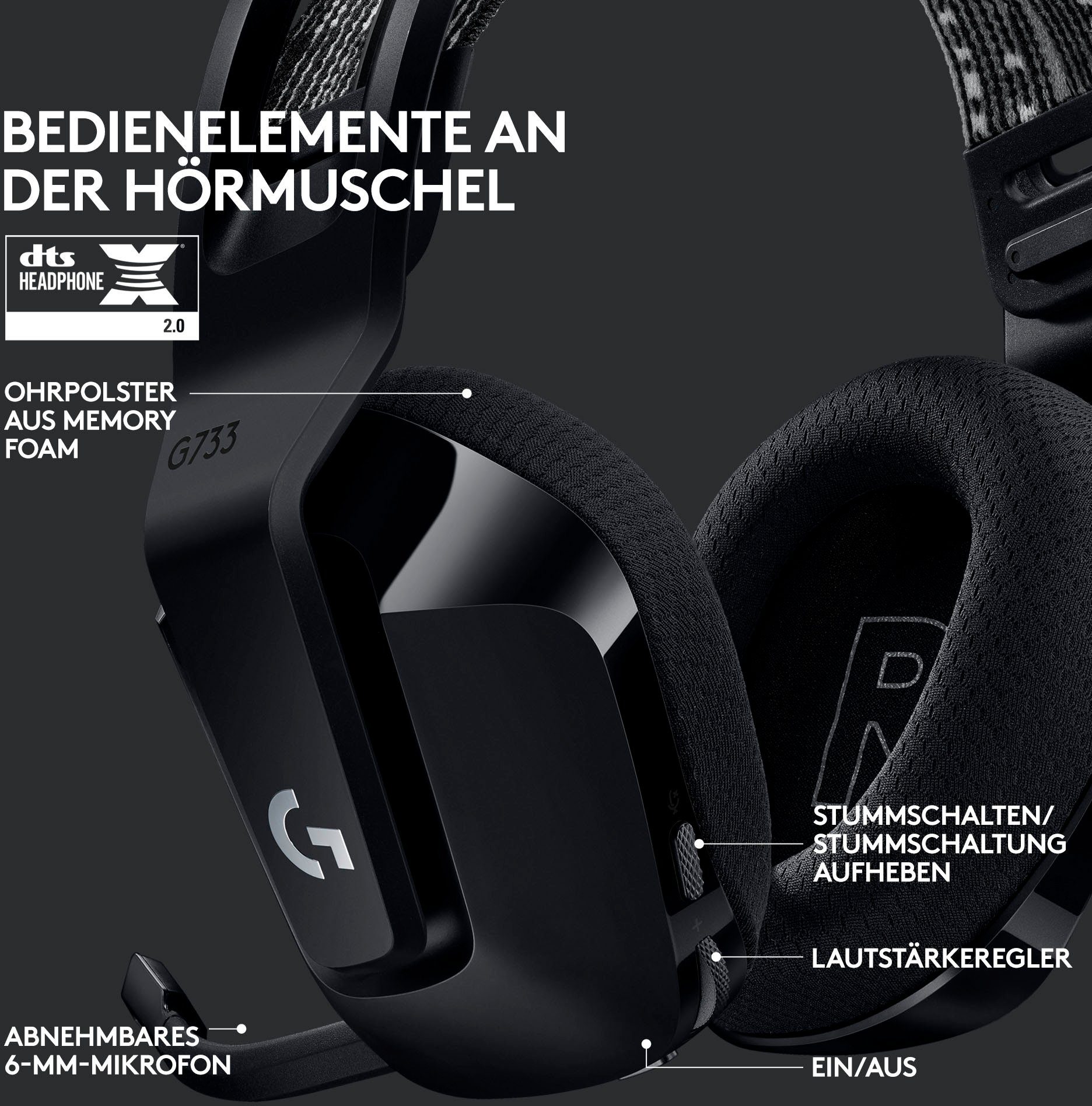 Logitech G G733 Wireless schwarz RGB Gaming-Headset (Mikrofon abnehmbar, WLAN (WiFi) LIGHTSPEED