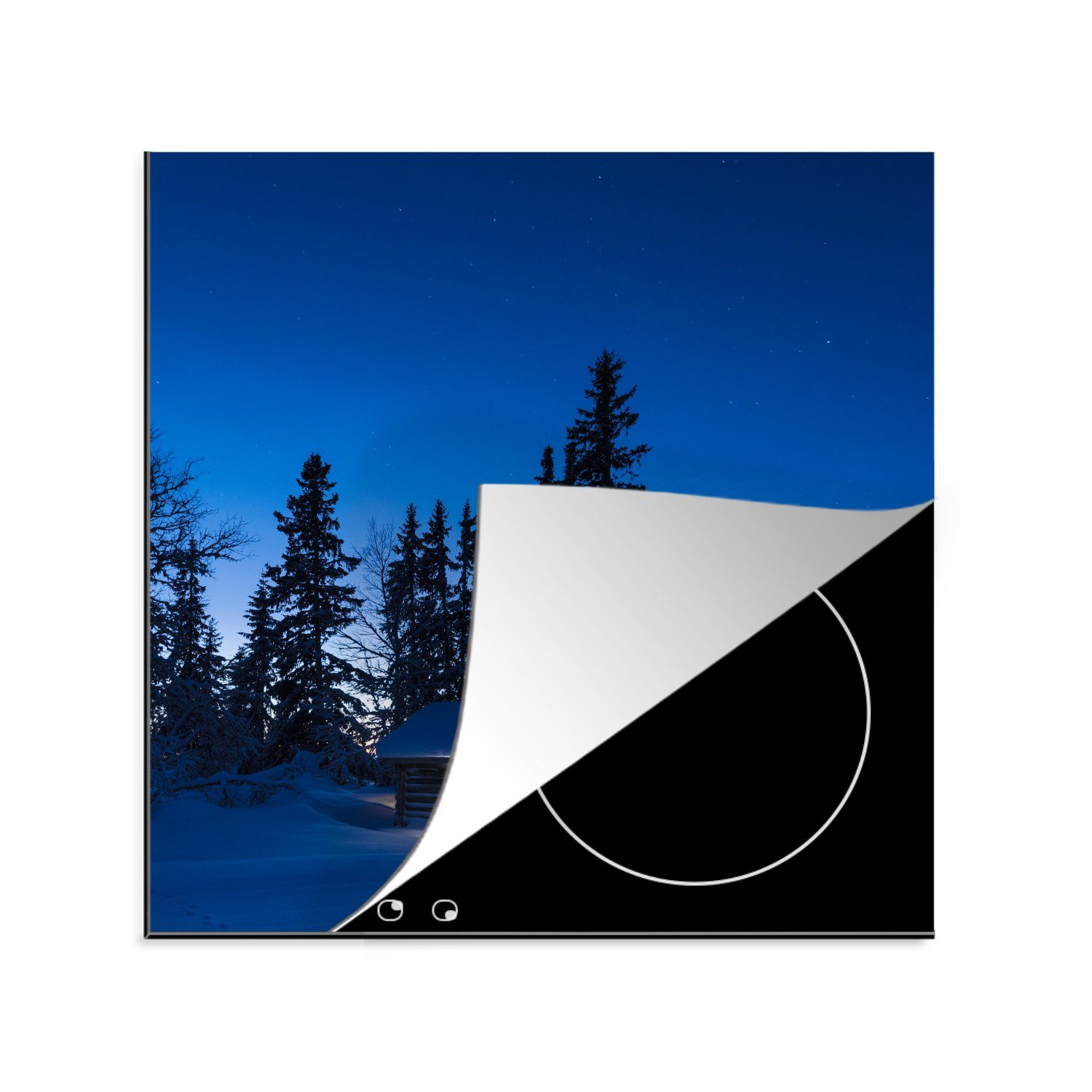MuchoWow Herdblende-/Abdeckplatte Eine Blockhütte in einer dunklen Schneelandschaft, Vinyl, (1 tlg), 78x78 cm, Ceranfeldabdeckung, Arbeitsplatte für küche