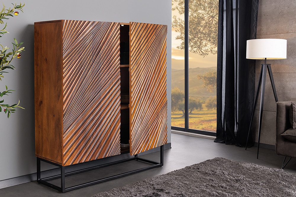 riess-ambiente Highboard ART 120cm braun / schwarz · Hochschrank aus Massivholz mit 3D-Design (Einzelartikel, 1 St), Kommode aus Mangoholz · inkl. 6 Fächern & 2 Türen · Metall-Gestell
