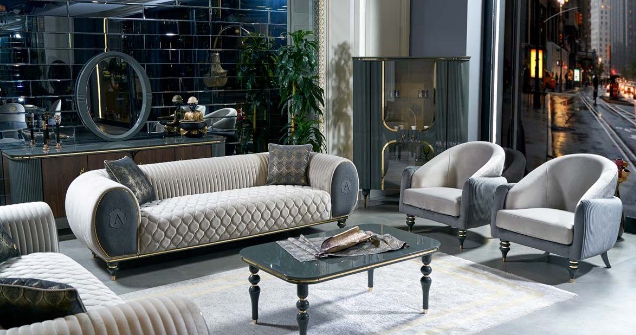 JVmoebel Sofa Designer Grau-weiße Sofagarnitur Polster Couchen Stoff Relax Möbel, Made in Europe