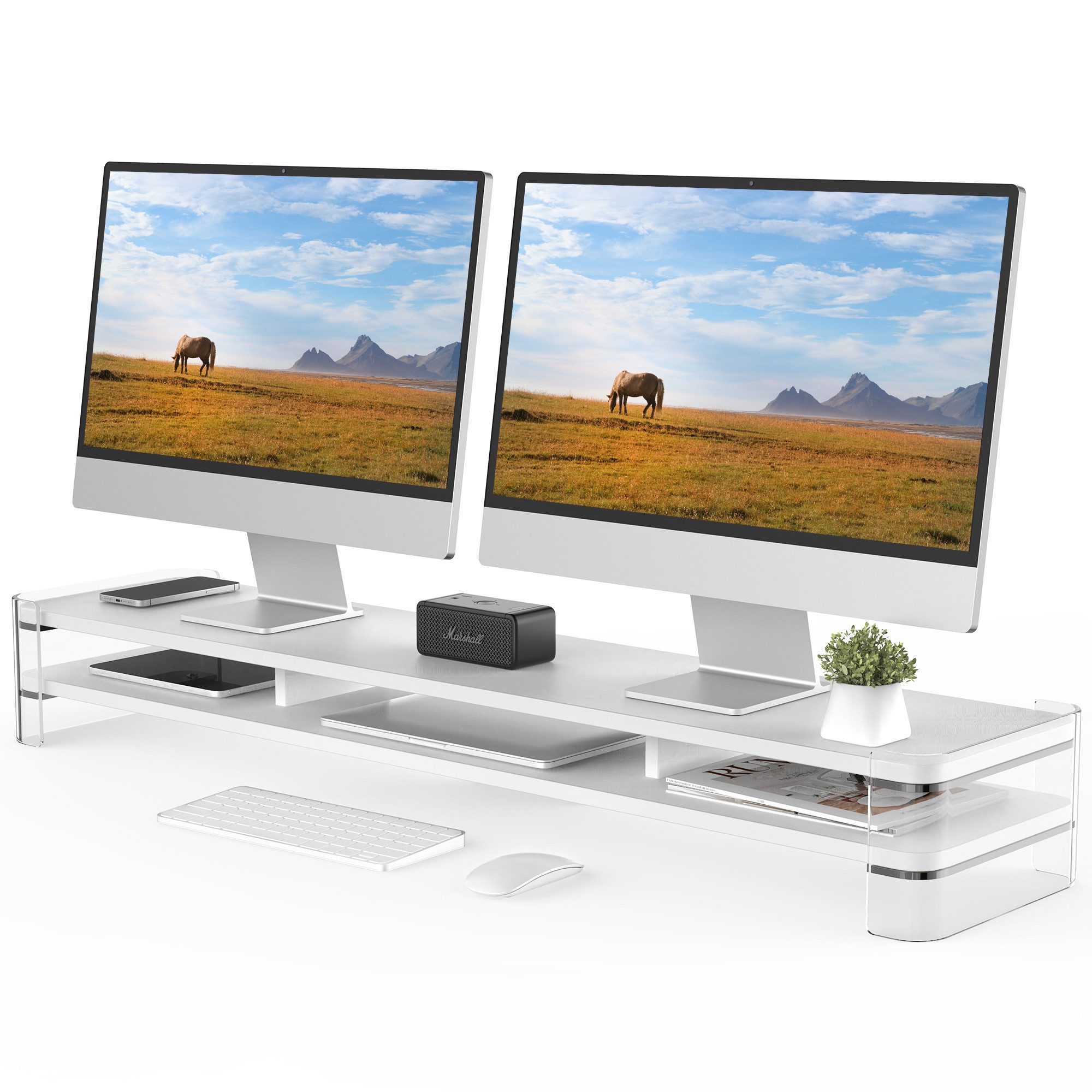 Fenge Monitorständer mit Acrylfüßen, 109 cm breit, für 2 Monitore, (schwebende Optik)