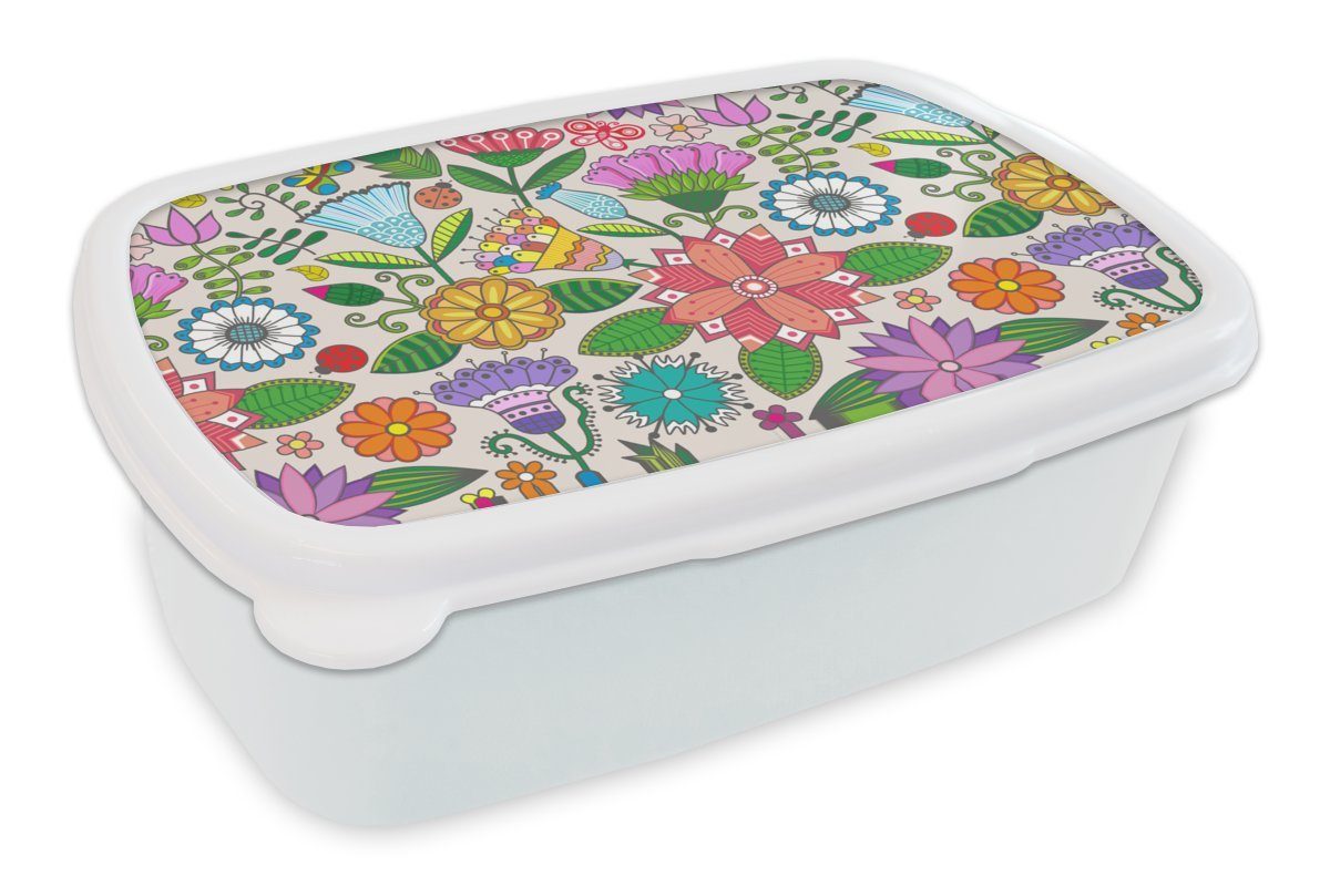 MuchoWow Lunchbox Blumen - Regenbogen - Schmetterling - Design, Kunststoff, (2-tlg), Brotbox für Kinder und Erwachsene, Brotdose, für Jungs und Mädchen weiß