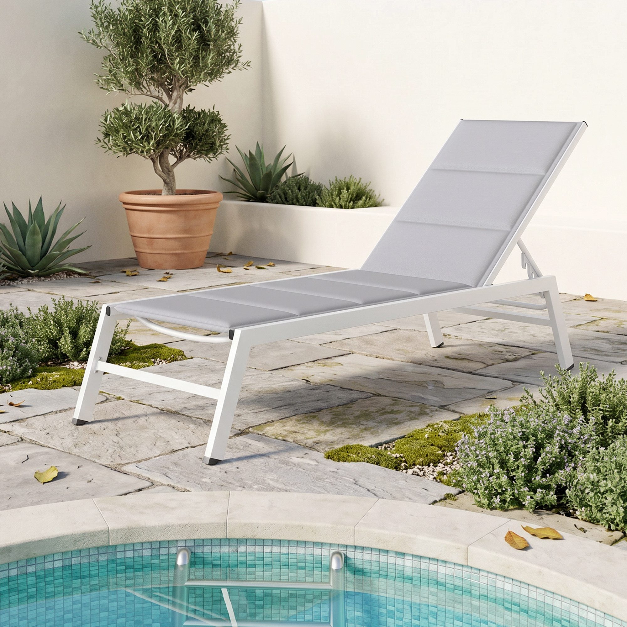 Outsunny Gartenliege mit 6-fach Verstellbar Rückenlehne, Aluminiumrahmen, Liegestuhl, 1 St., Sonnenliege, für Garten Terrasse Pool Hellgrau