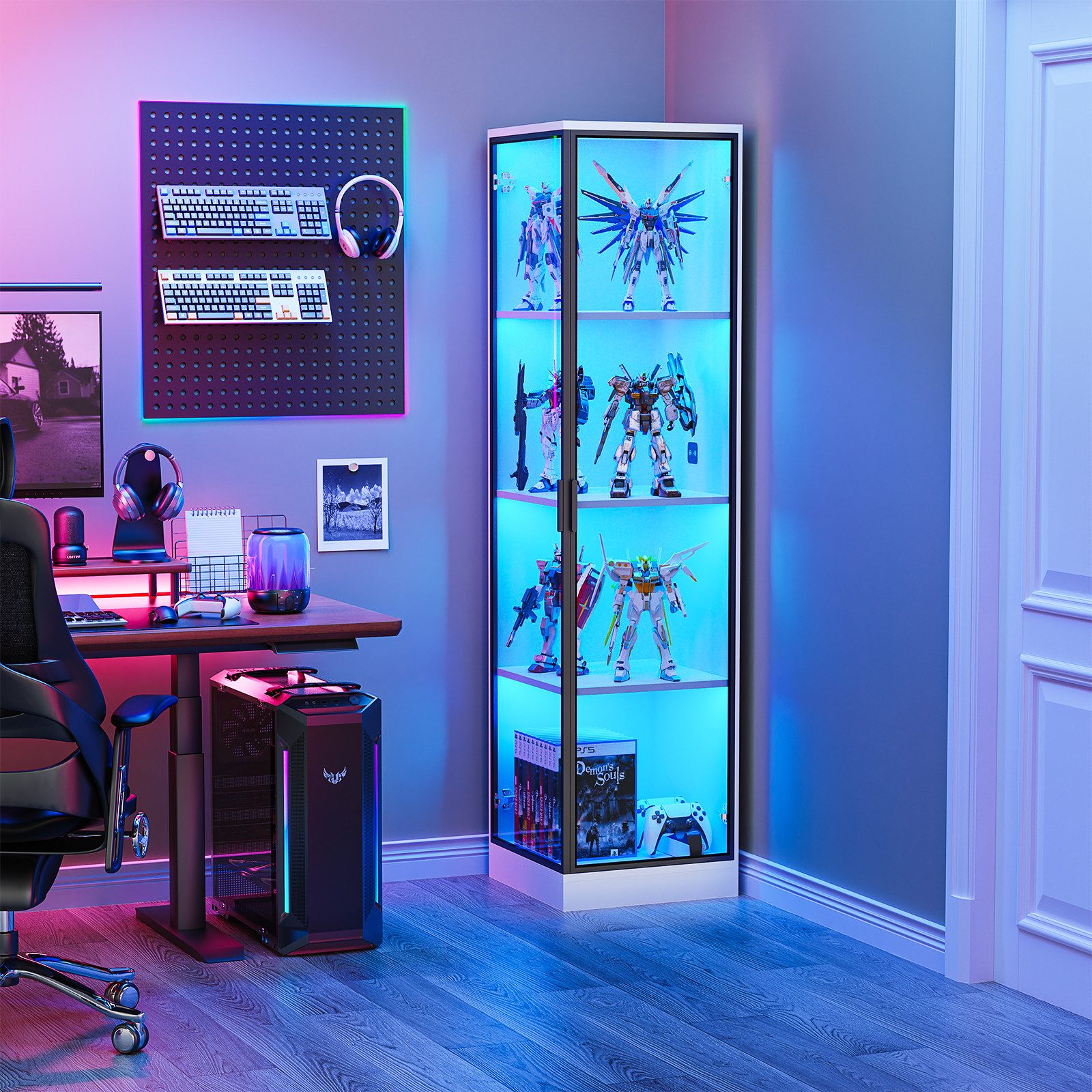 BROTTAR Eckvitrine Glasvitrine mit LED Beleuchtung und menschlicher Sensor aus MDF - Holz und Acryl, einfache Montage, weiß