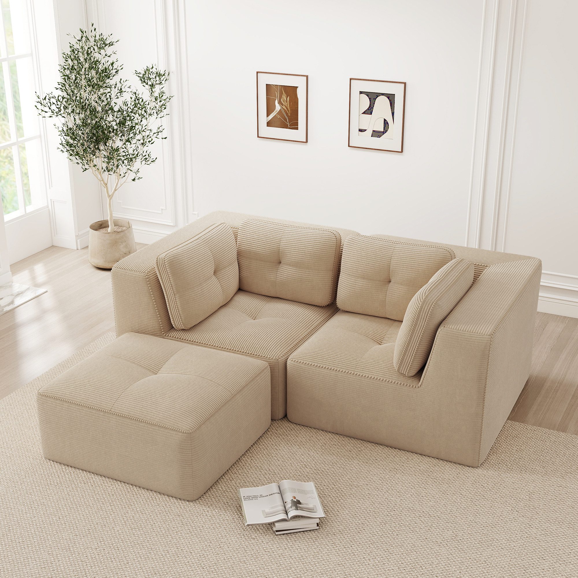 HAUSS SPOLE Loungesofa mit einer Fußstütze,Zweisitzer Cordsofa rutschfester Standfuß,Beige, Relaxsofa mit Weicher und hautfreundlicher Cordstoff, für kleine Wohnung oder großes Haus