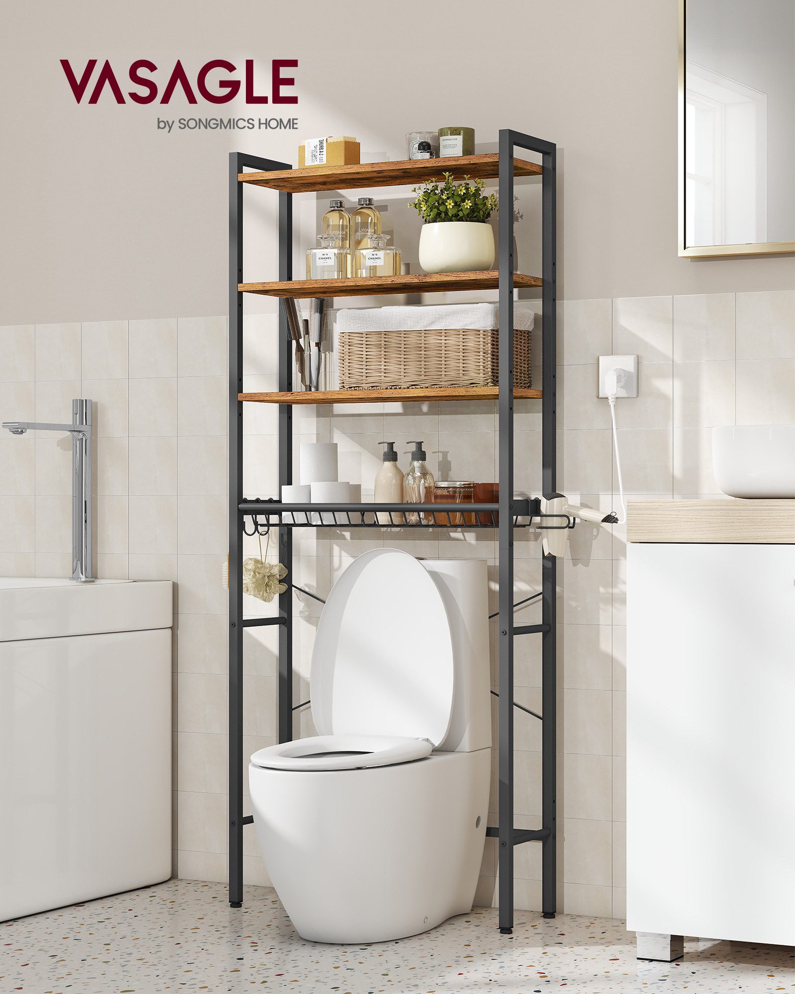 VASAGLE Badregal, Toilettenregal, Badezimmerregal mit verstellbaren Ablagen
