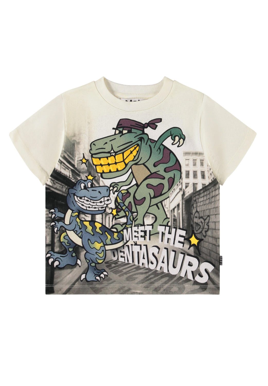 Molo T-Shirt Molo Jungen T-Shirt Rodney Dino-Print mit breitem Goldzahn-Grinsen