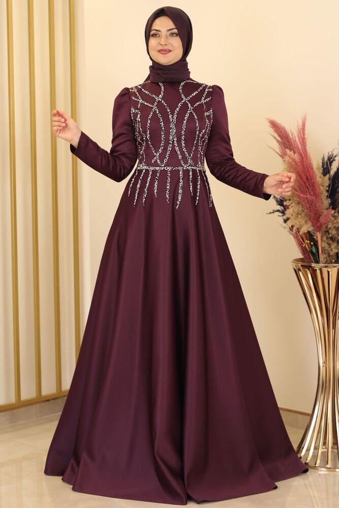 Modavitrini Satinkleid Damen Abendkleid Maxikleid Abiye Abaya mit Schmucksteinen Schmucksteine Violett