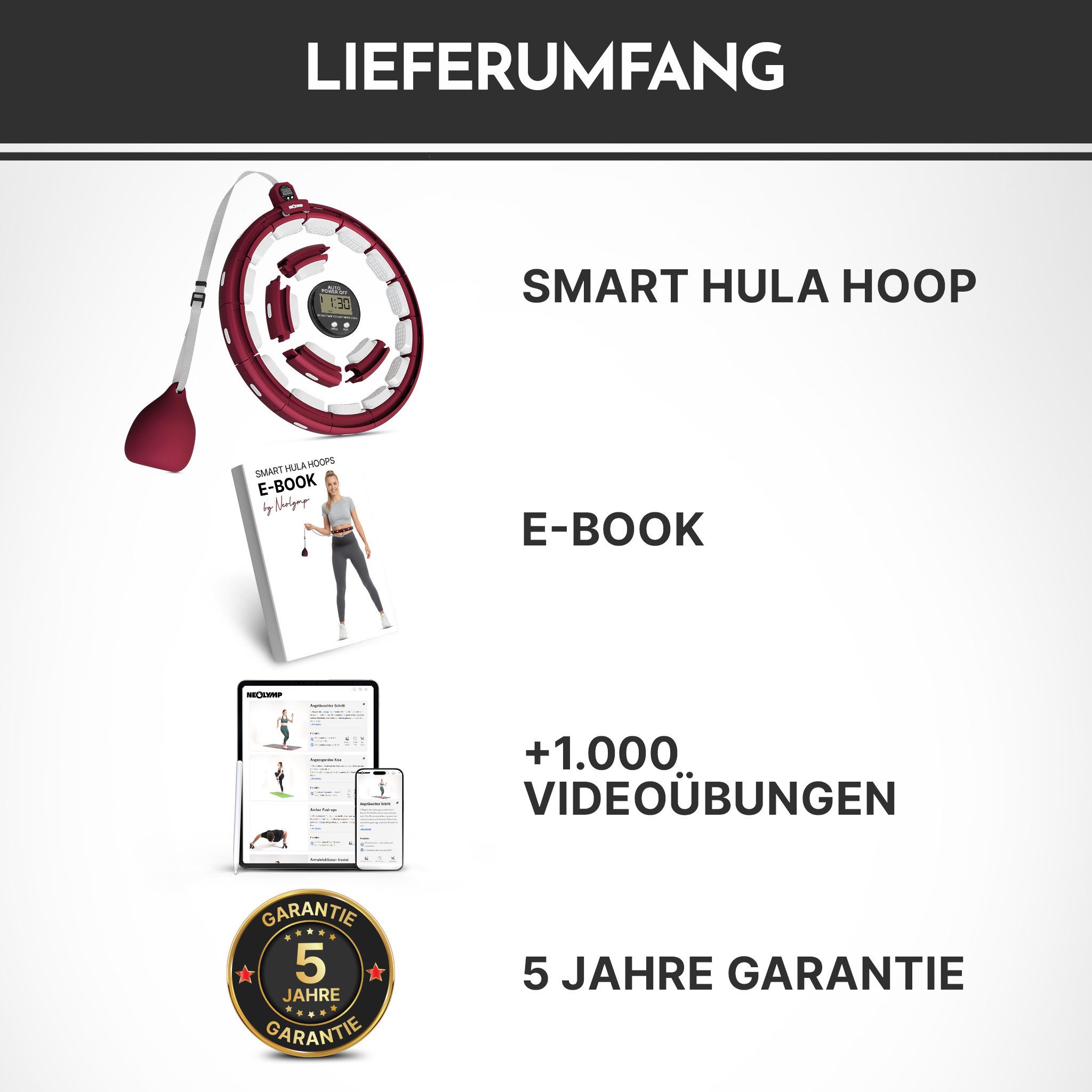 NEOLYMP Hula-Hoop-Reifen Hula Hoop Reifen Erwachsene – Fitness Ring leise verstellbar 29–40 cm (Smarter Hula Hoop Reifen verstellbar 29–40 cm Klick-System, Home Gym), Gymnastikreifen mit Tracking für Zeit, Umdrehungen und Kalorien