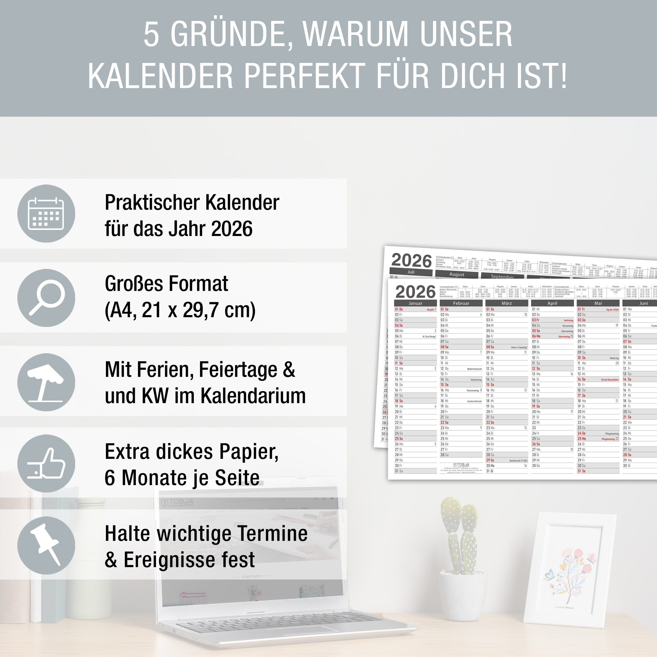 Thumbnail - TOBJA Wandkalender A4 Tafelkalender Grau 2026 3er Set, Wandkalender, Jahresplaner, Schulferien, Feiertage, Kalender 2026