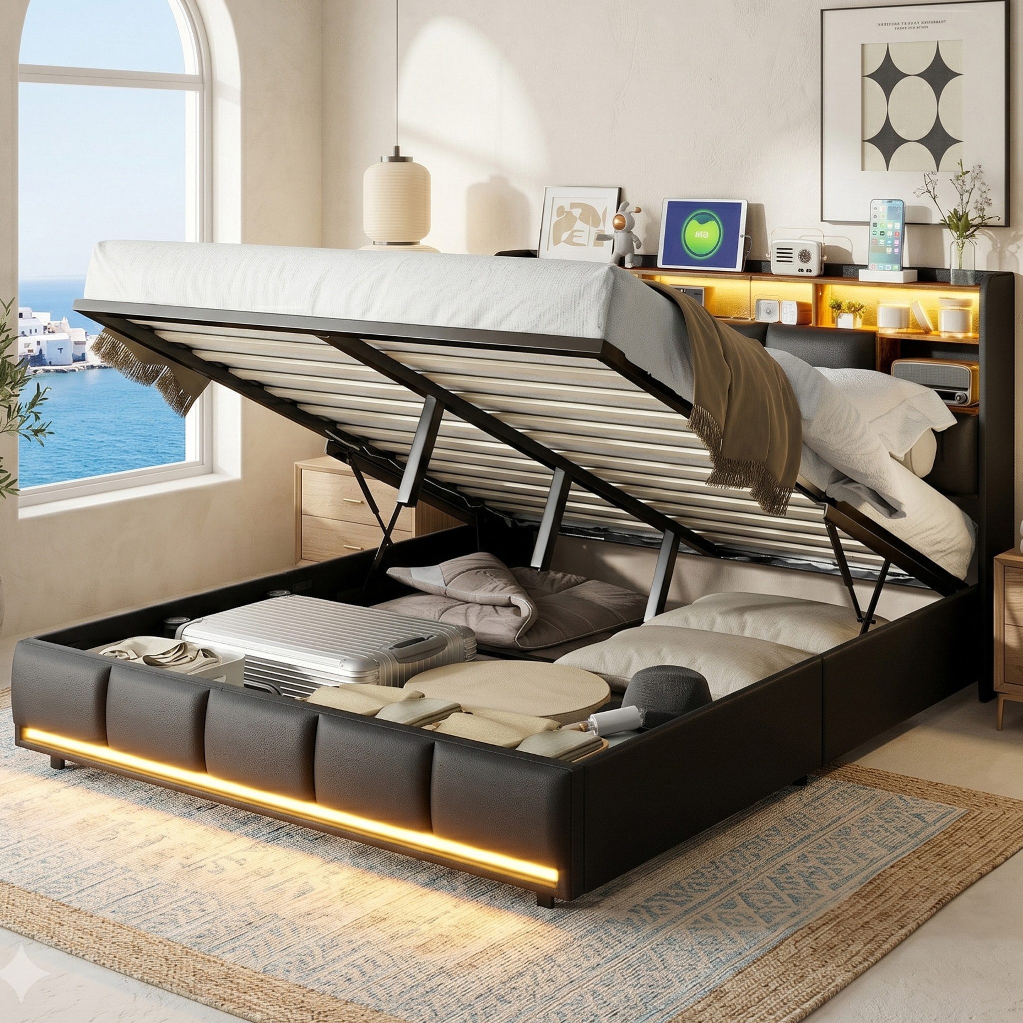 zebery Stauraumbett Polsterbett Doppelbett Mit LED-Leuchten und USB+Typ C (Packung, 1-tlg., Jugendbett), 140x190 cm,Mit Bettkasten,Kopfteil und Bettgestell,Kunstleder,Schwarz
