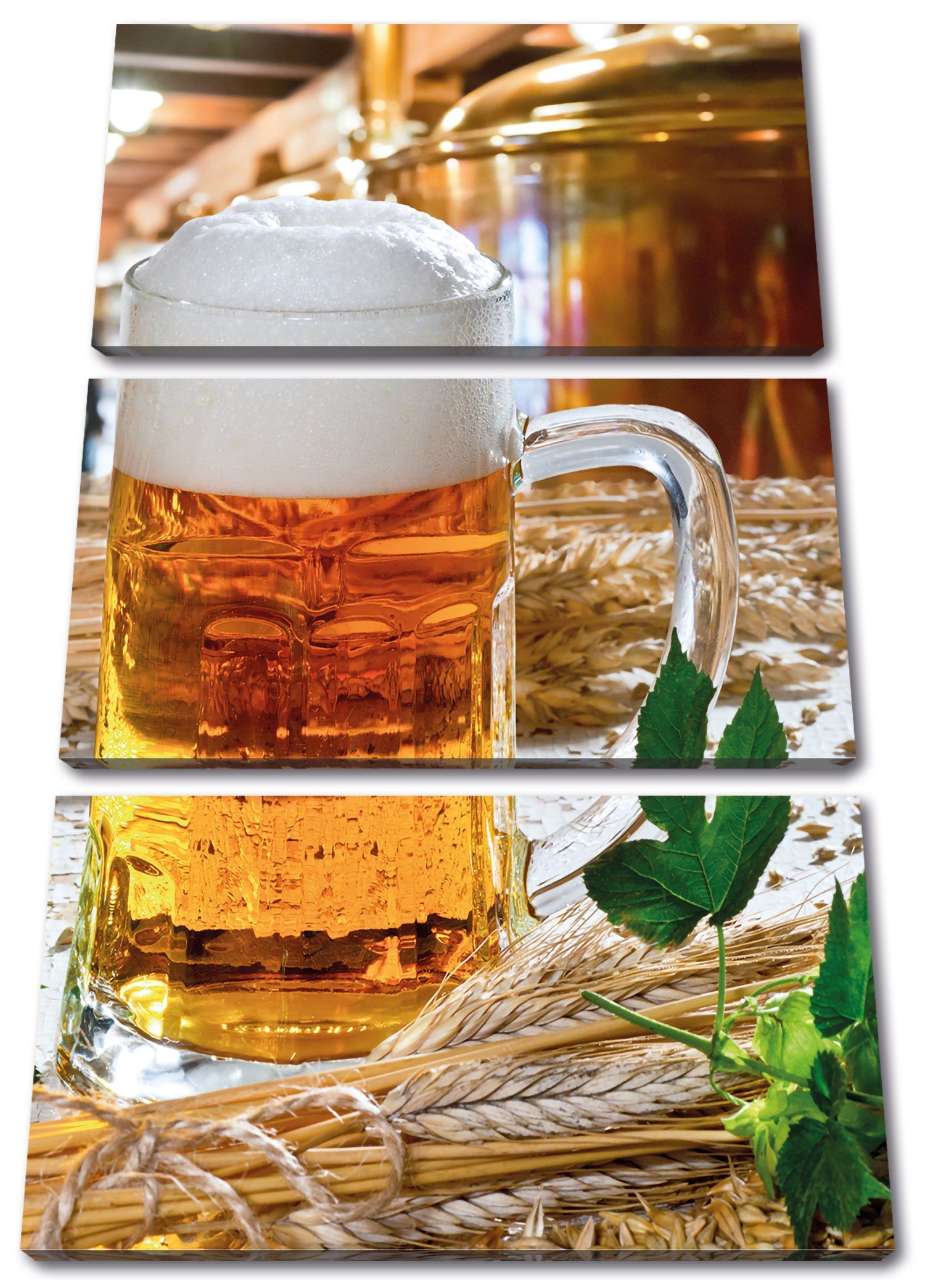Pixxprint Leinwandbild frisches Bier mit Hopfen, frisches Bier mit Hopfen 3Teiler (120x80cm) (1 St), Leinwandbild fertig bespannt, inkl. Zackenaufhänger