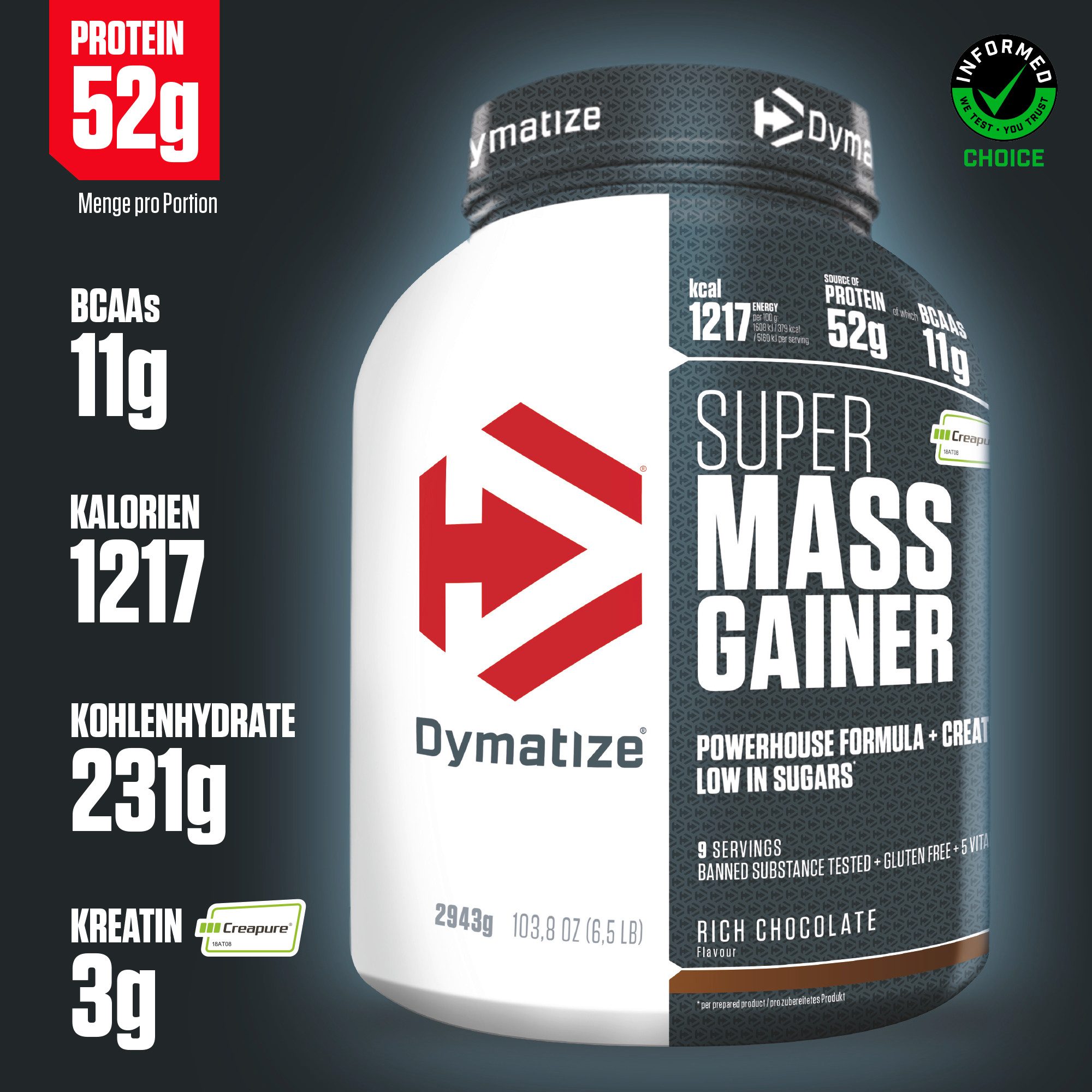 Dymatize Weight-Gainer Pulver Super Mass Kohlenhydrate Rich Chocolate 2943 g Pulver, 2943 g
