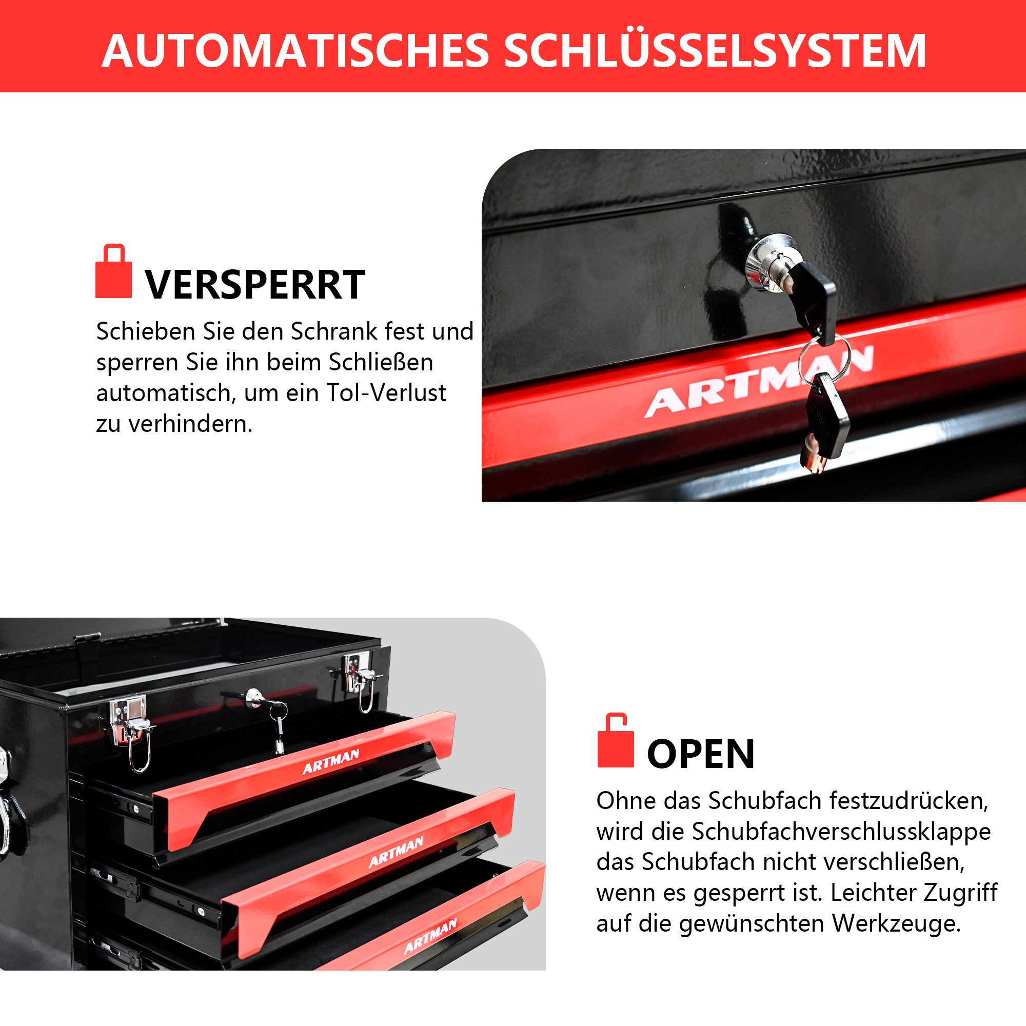 i@home Werkzeugschrank Tragbarer Werkzeugkoffer aus Stahl mit vier Fächern, Metallschloss beweglicher Werkbank, geeignet für Heimwerker (Ohne Werkzeug)