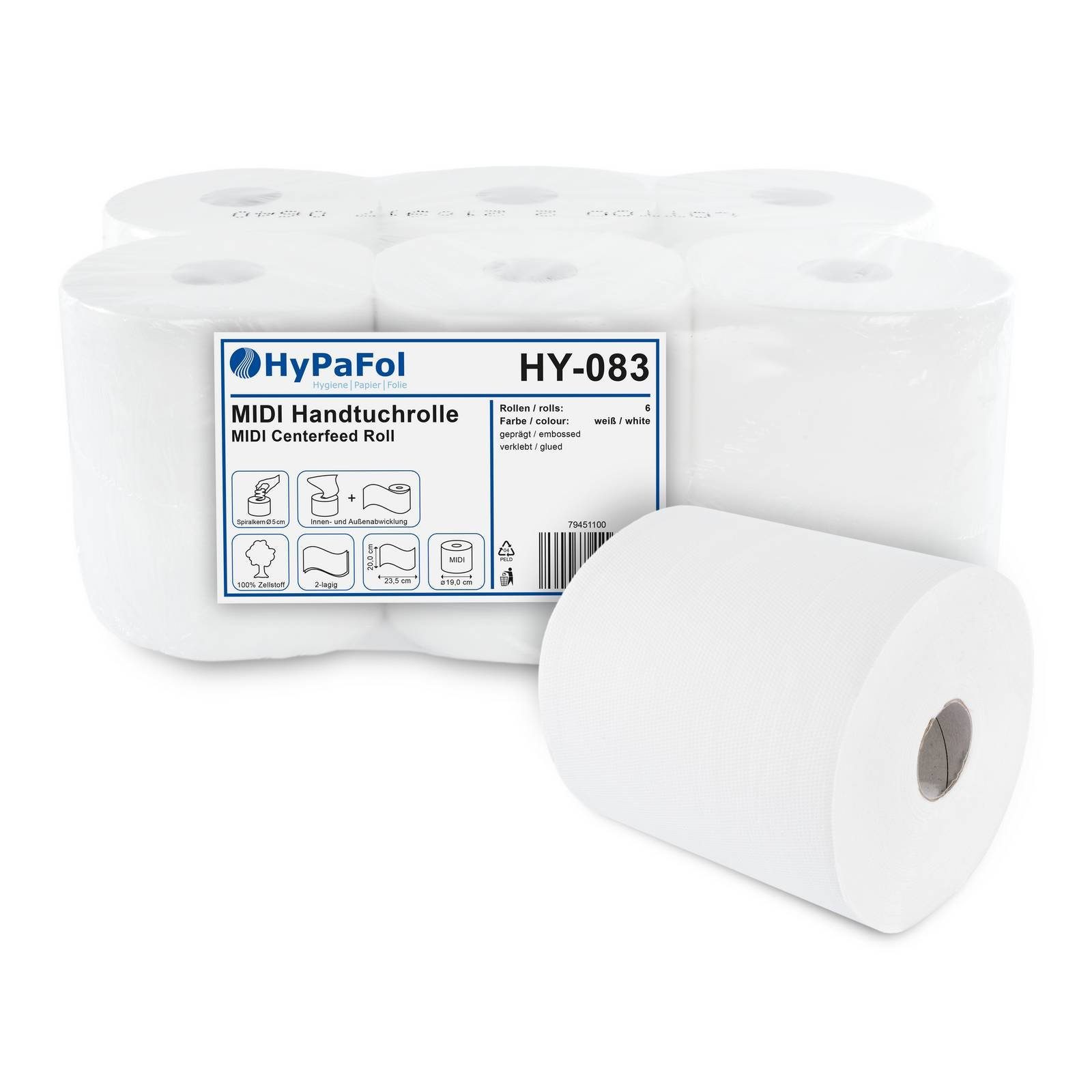 Hypafol Papierhandtuch geprägte Papierhandtuchrolle, 2-lagig, Zellstoff, Ø19 cm, 6 Rollen (1-St), Innen- und Aussenabwicklung