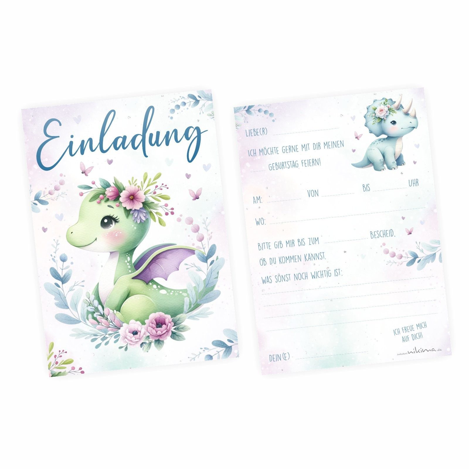 nikima Einladungskarten 10 Einladungskarten Dino Mädchen inkl. 10 Umschlägen