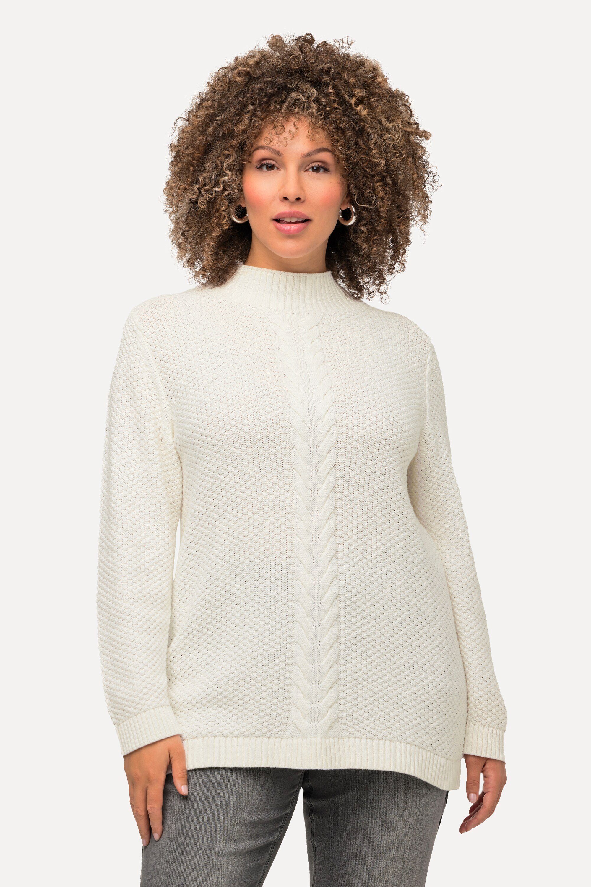 Strickpullover Strukturstrick Zopfmuster Popken Ulla Pullover Rundhals offwhite