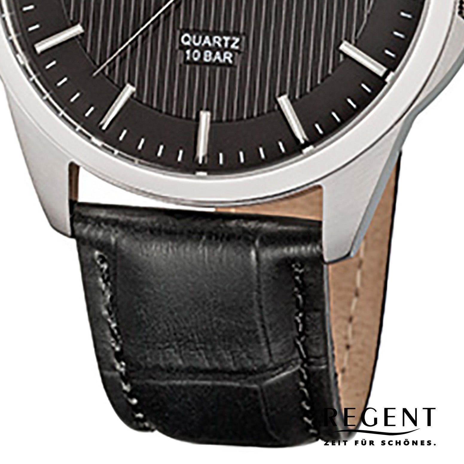 Armbanduhr rund, Regent mittel Herren-Armbanduhr Lederarmband Quarzuhr Herren Regent Analog, schwarz 39mm), (ca.