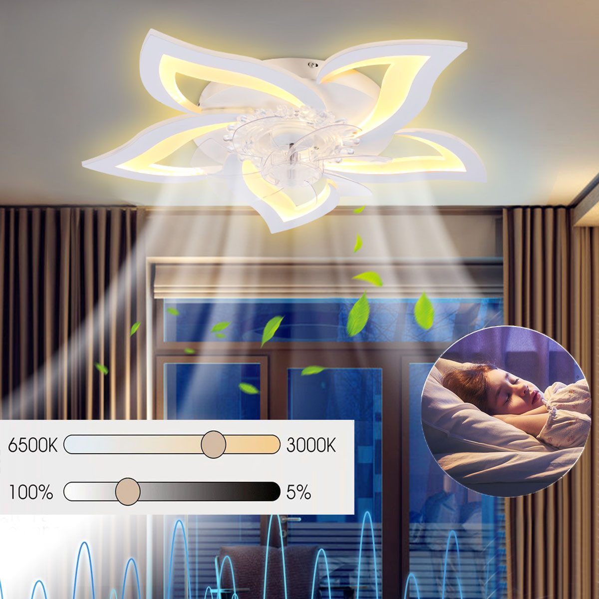 oyajia LED Deckenleuchte 75W Moderne LED-Deckenleuchte mit Lüfter, LED Deckenventilator, LED fest integriert, Kaltweiß/Naturweiß/Warmweiß, 3-Farbwechsel und 3 Geschwindigkeiten,Regelung der Innentemperatur