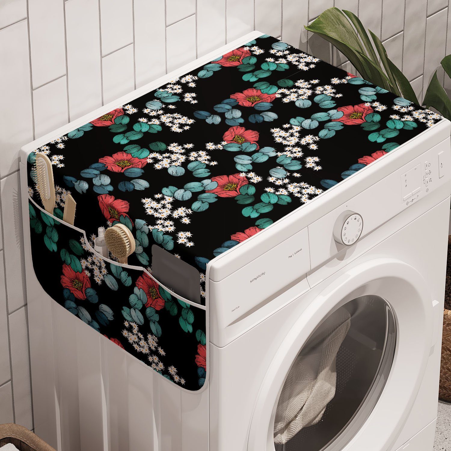 Abakuhaus Badorganizer Anti-Rutsch-Stoffabdeckung für Waschmaschine und Trockner, Blumen Peony Gänseblümchen und Blätter Kunst