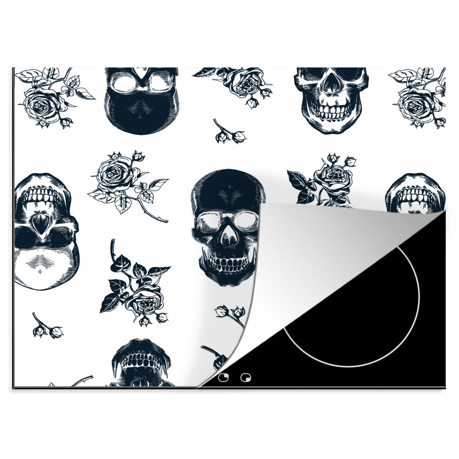 MuchoWow Herdblende-/Abdeckplatte Teenager - Totenkopf - Rosen - Muster, Vinyl, (1 tlg), 60x52 cm, Mobile Arbeitsfläche nutzbar, Ceranfeldabdeckung