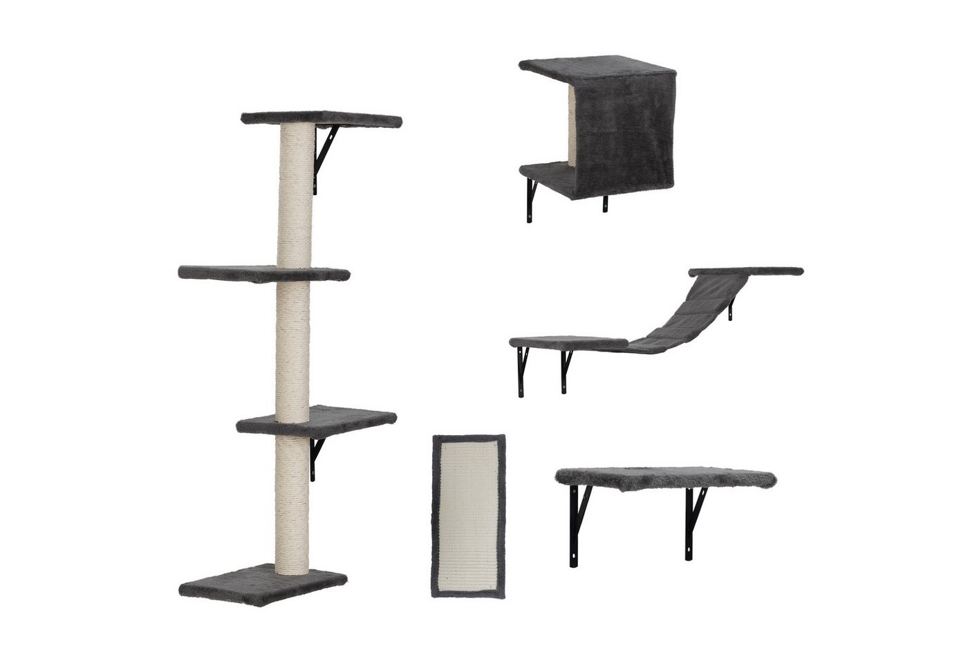 FURPAL Kratzbaum Wandmontierbares Katzen-Kratzbaum-Set, 5-teilig, mit Kratzbrett, Mit sanftem Flanell, Hängekörben und Katzenbrücke, grau mit beige