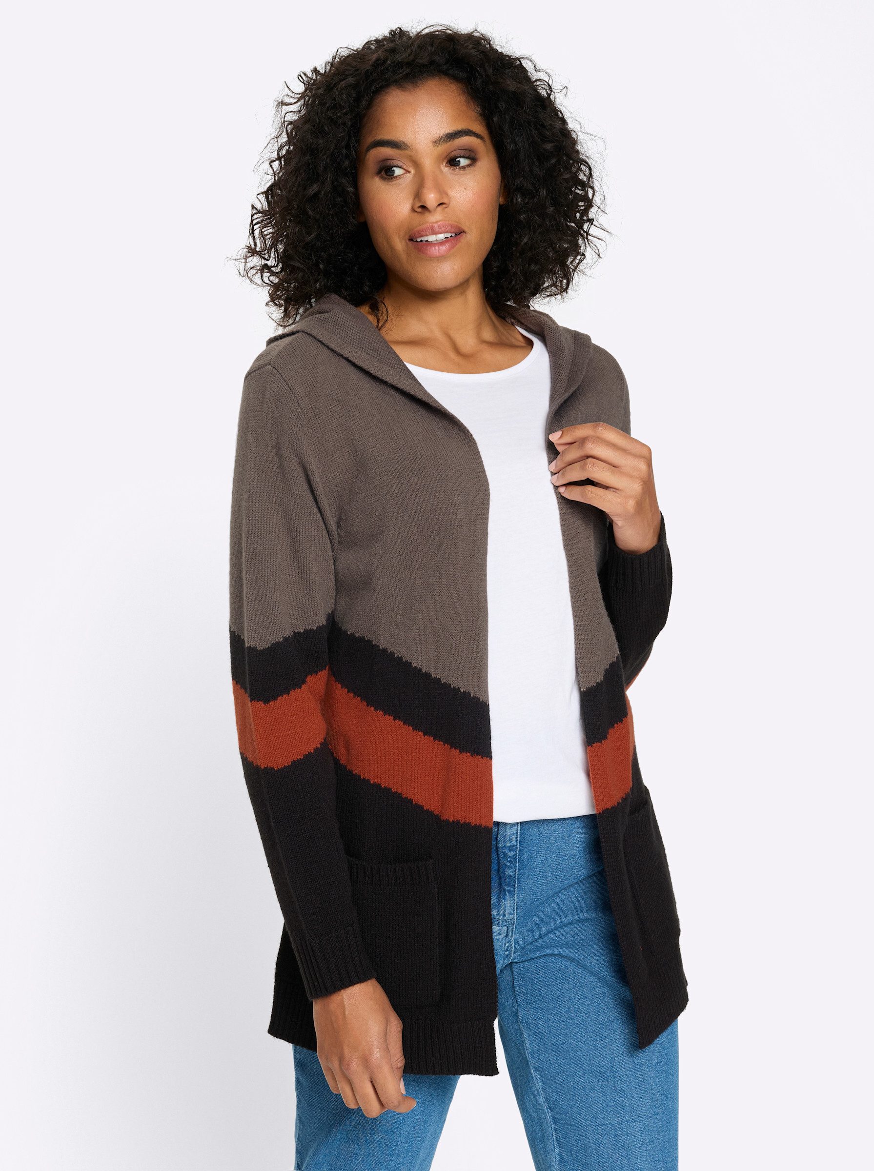 Strickjacke Long-Strickjacke Langarm Intarsien, Jersey