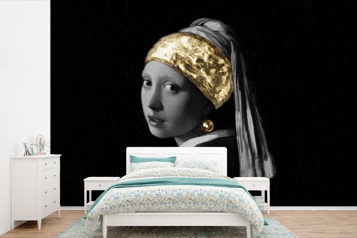 MuchoWow Fototapete Mädchen mit einem Perlenohrring - Vermeer - Gold, Matt, bedruckt, (6 St), Wallpaper für Wohnzimmer, Schlafzimmer, Kinderzimmer, Vinyl Tapete