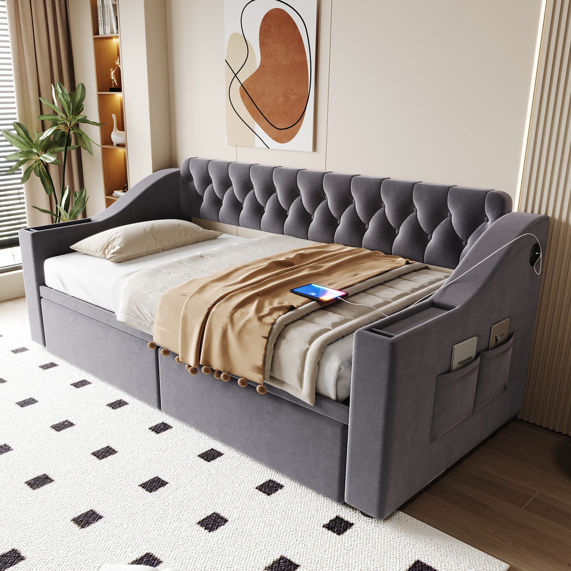 Odikalo Schlafsofa Schlafcouch 90x190 mit Lattenrost & USB Ohne Matratze, Polsterbett Schlafsofa, 90/180*190 cm, Breitere und Dickere Armlehnen mit USB-Ladeanschluss, Integrierte Ablage in den Armlehnen, Mit Ablagetaschen, Mit Lattenrost, Samtstoff, Grau