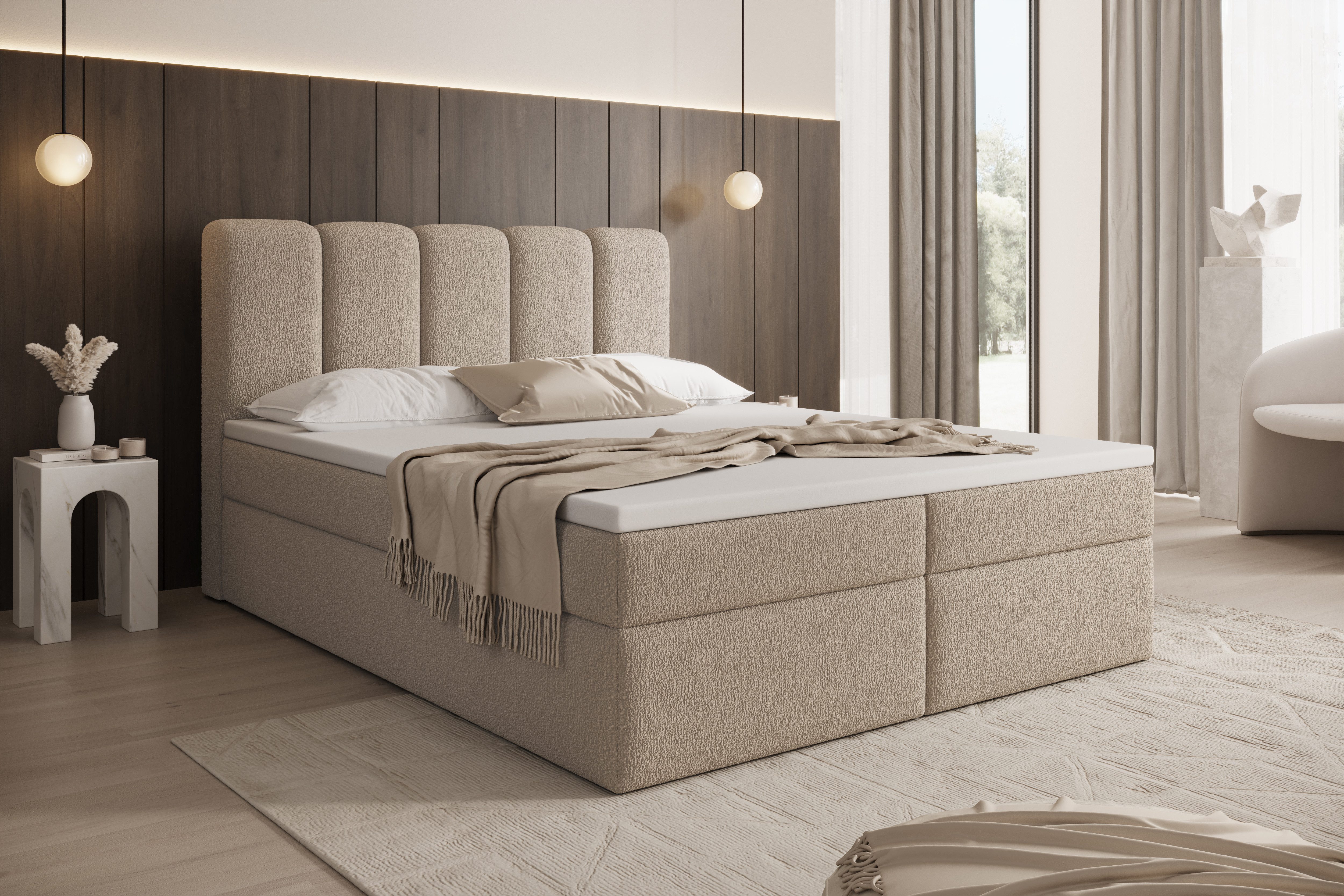 yourhouse24 Boxbett CLARA, Boucle-Stoff, mit Topper & Stauraum (2 Bettseiten), mit Topper und Bettkasten