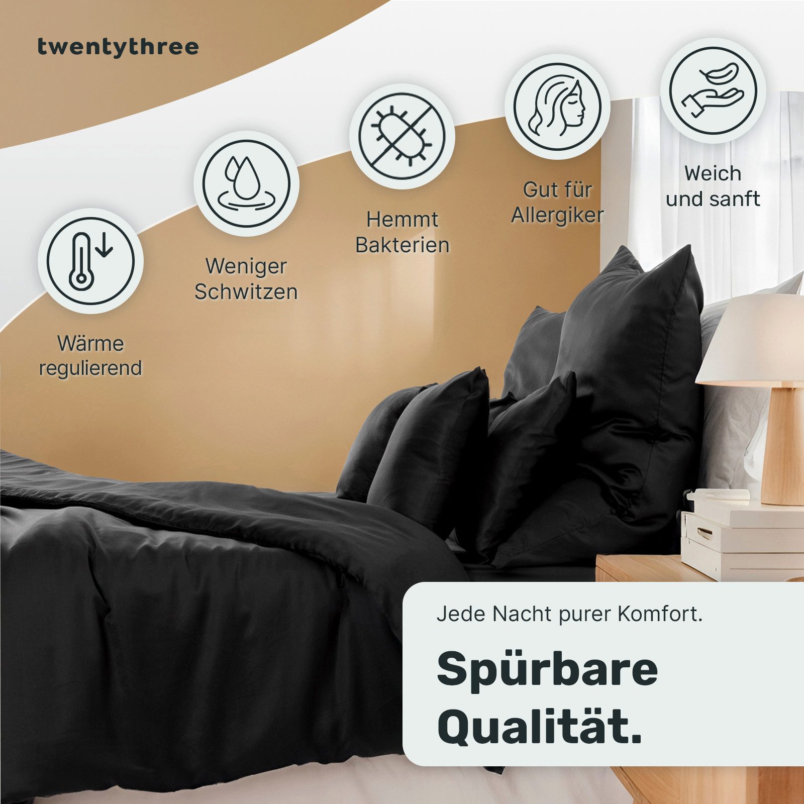 twenty:three® Bettwäsche Lyocell Bettwäsche Jet Black, Lyocell, Atmungsaktiv, Ultraweich, 100% TENCEL™ Lyocell