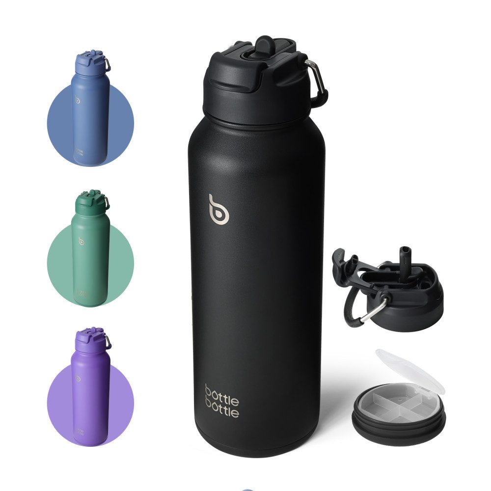 BOTTLE BOTTLE Trinkflasche Sport-Trinkflasche, Edelstahl, isoliert, mit Strohhalm und Pillenhalter, 1L