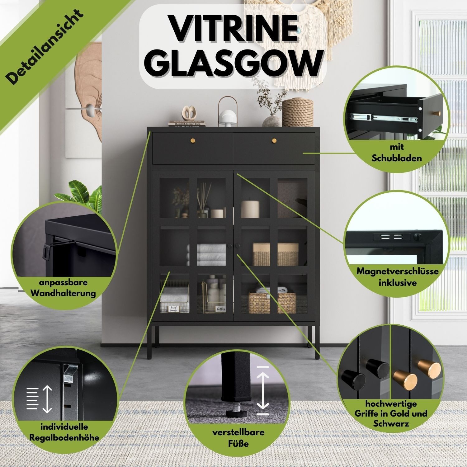 Mein-Regal Sideboard GLASGOW, Schwarz Wohnzimmer Highboard Kommode aus Metall Glastüren Schubladen