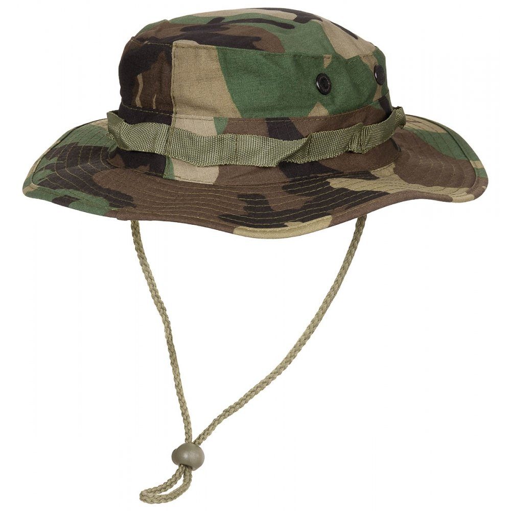 MFH Outdoorhut US GI Buschhut, mit Kinnband, GI Boonie, Rip Stop, woodland - XXL (Packung) umlaufende Schlaufen