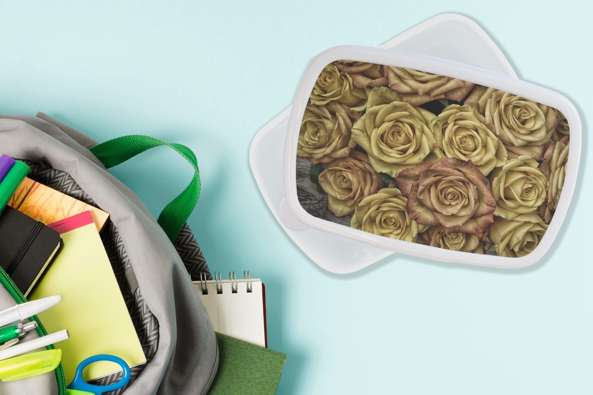 (2-tlg), Kunststoff, MuchoWow Gold Erwachsene, Brotdose, - - Kinder für Mädchen für Rosen Lunchbox weiß und Jungs und - Braun Blumenstrauß, Brotbox