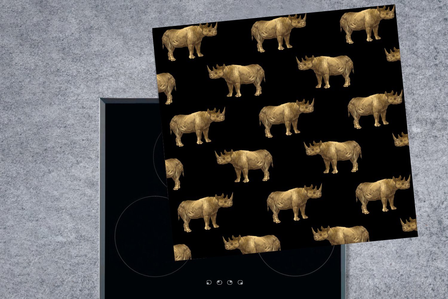 MuchoWow Herdblende-/Abdeckplatte Nashorn Arbeitsplatte - Gold Vinyl, - - für 78x78 küche Muster (1 tlg), Schwarz, cm, Ceranfeldabdeckung
