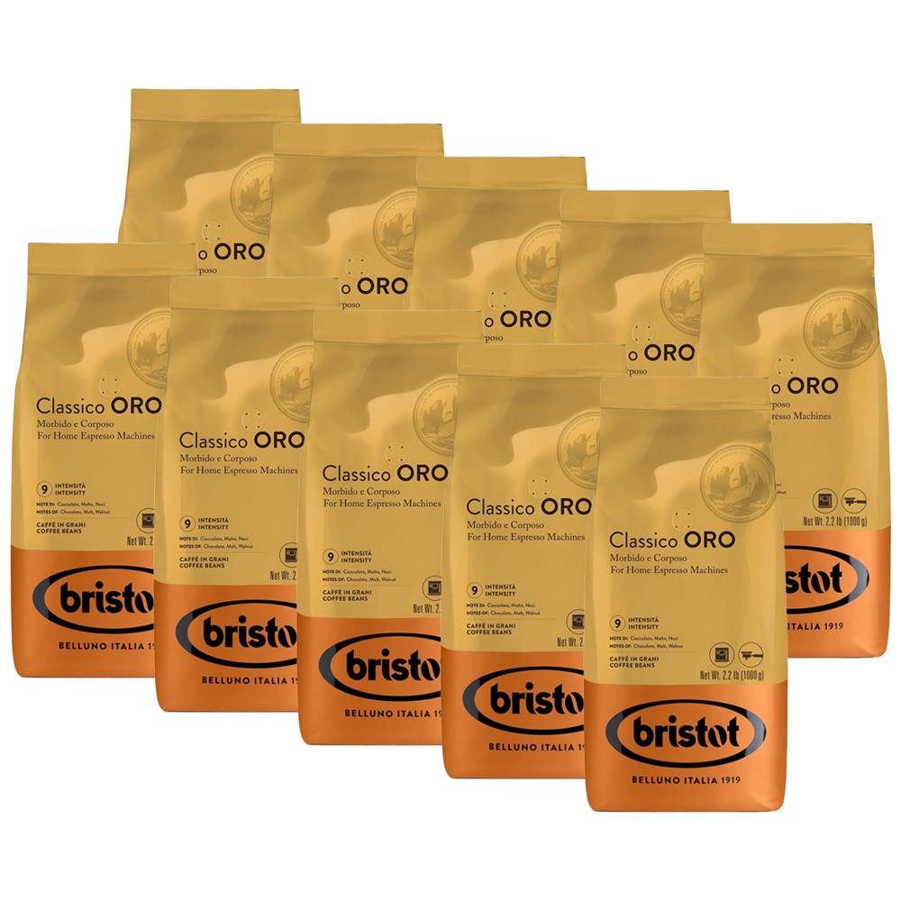 bristot Kaffee Classico ORO Bohnen Kaffeebohnen, 10 x 1000 g, Feine Geschmacksnoten von Schokolade, Malz und Walnuss