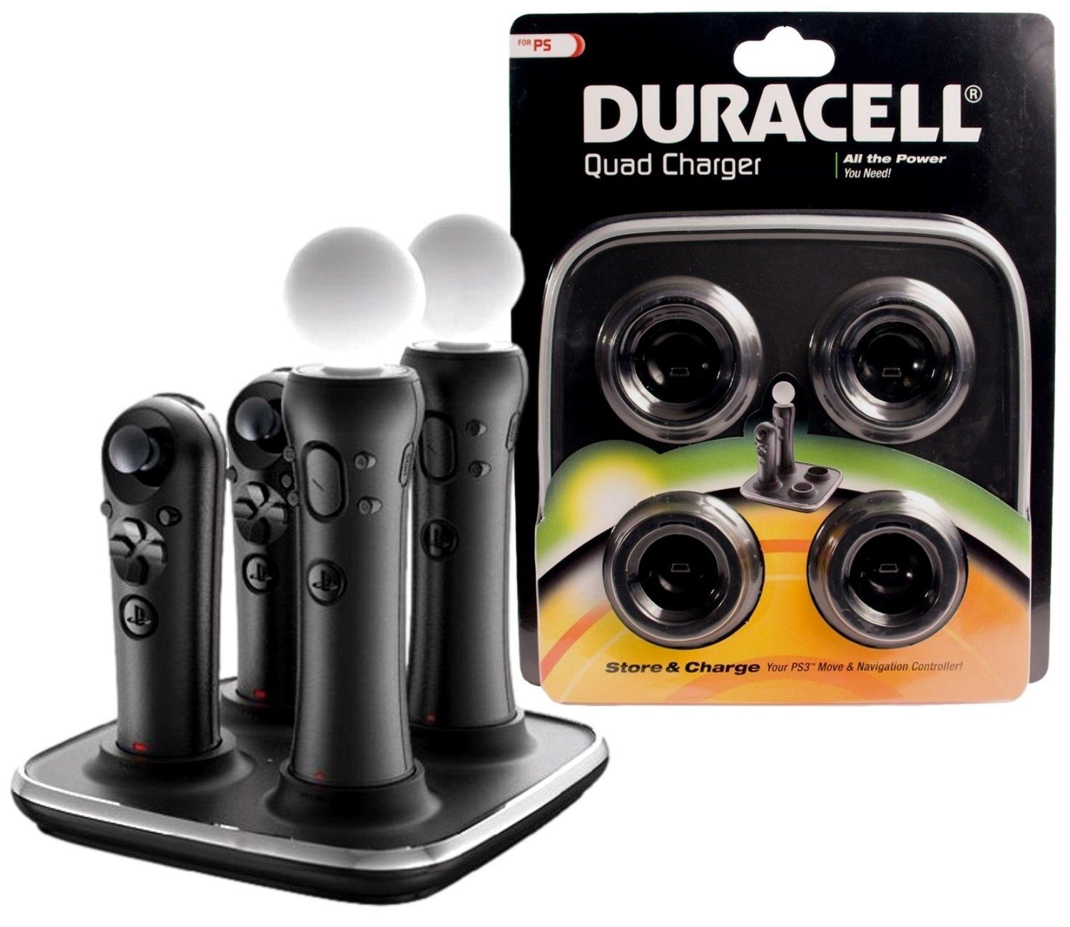 Duracell Konsolen-Dockingstation Quad Charger für PS Move Controller, 4-Port Ladegerät mit Netzteil für PS3 PS4 PS5 PS VR PS Move Controller