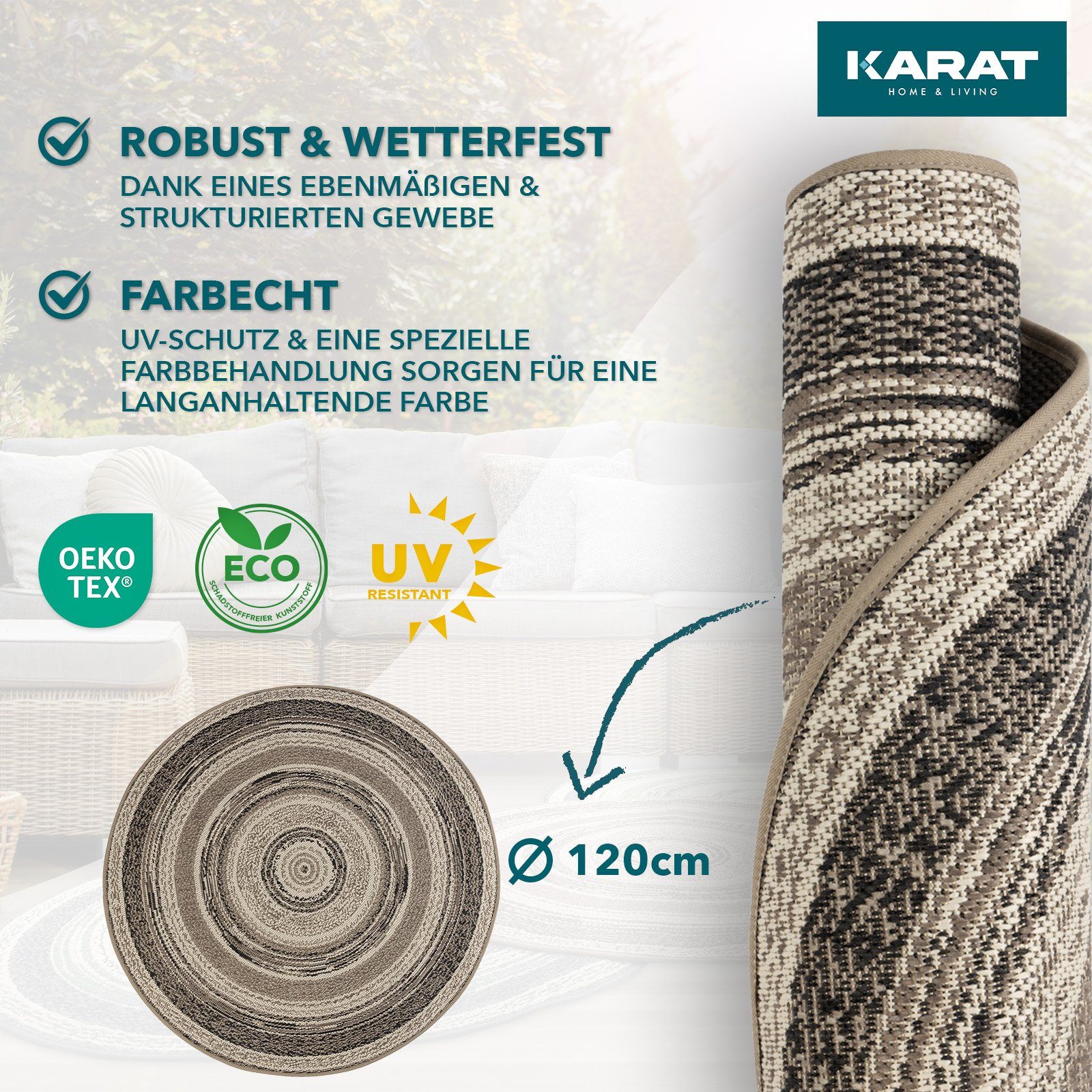 Karat Outdoorteppich Zoe, Erhältlich in 4 Größen, Wohnteppich, Rund, Höhe: 7 mm, pflegeleicht, Terrasse