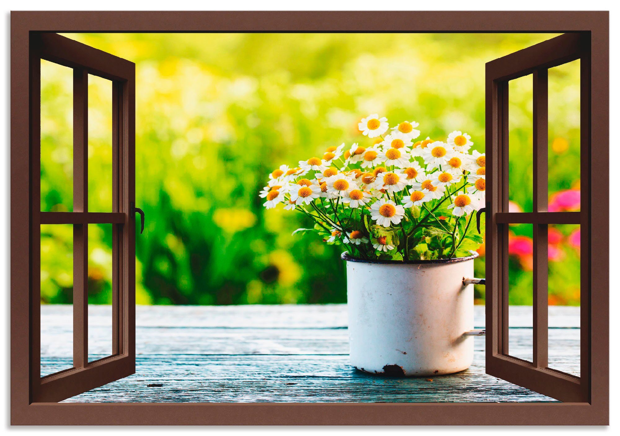 Artland Wandbild Fensterblick Garten mit Gänseblümchen, Blumen (1 St), als Alubild, Leinwandbild, Wandaufkleber oder Poster in versch. Größen