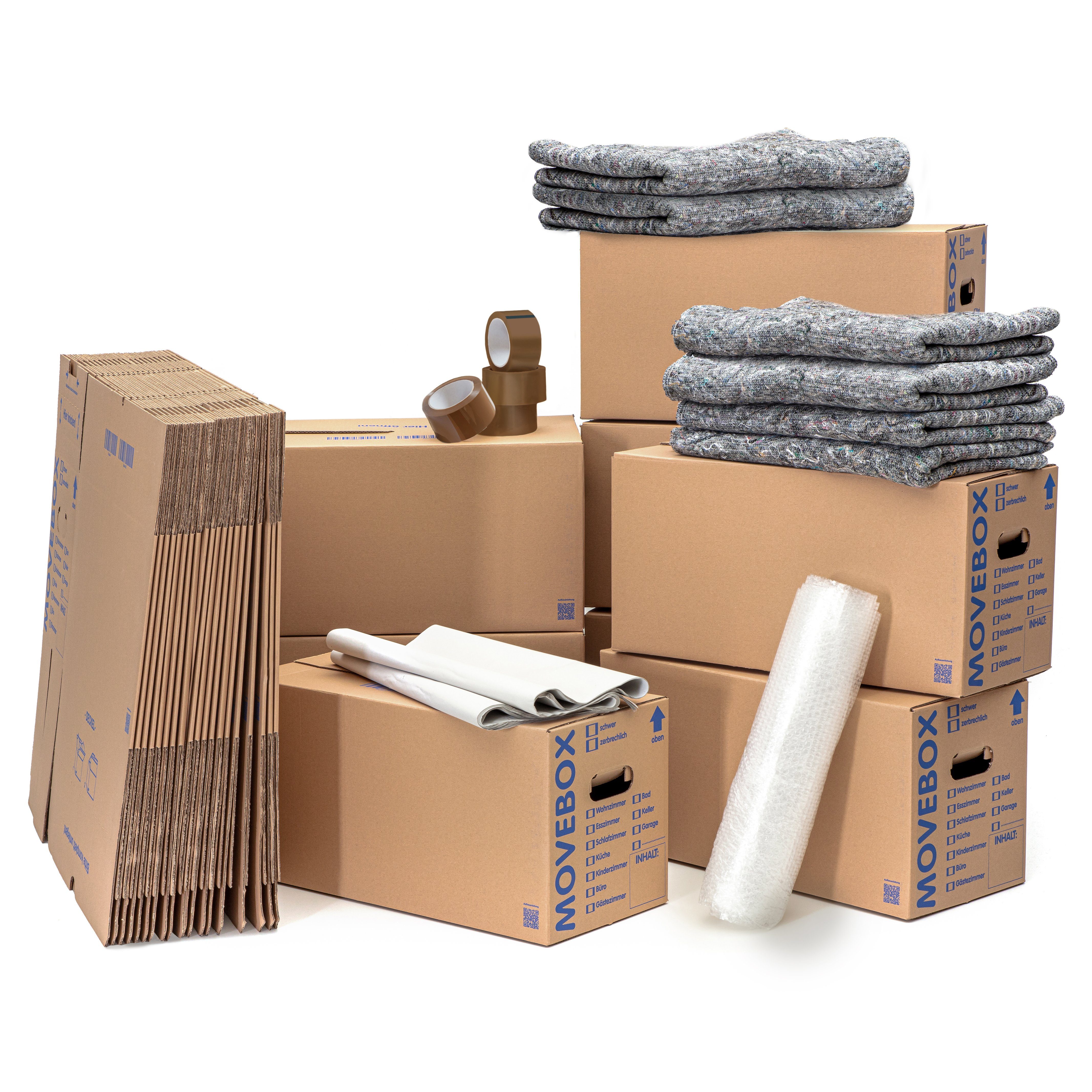 KK Verpackungen Aufbewahrungsbox (Komplett-Set, Kartons Packseide Luftpolsterfolie Klebeband Braun Decken), Umzugsset für 3-4 Zimmer Wohnung