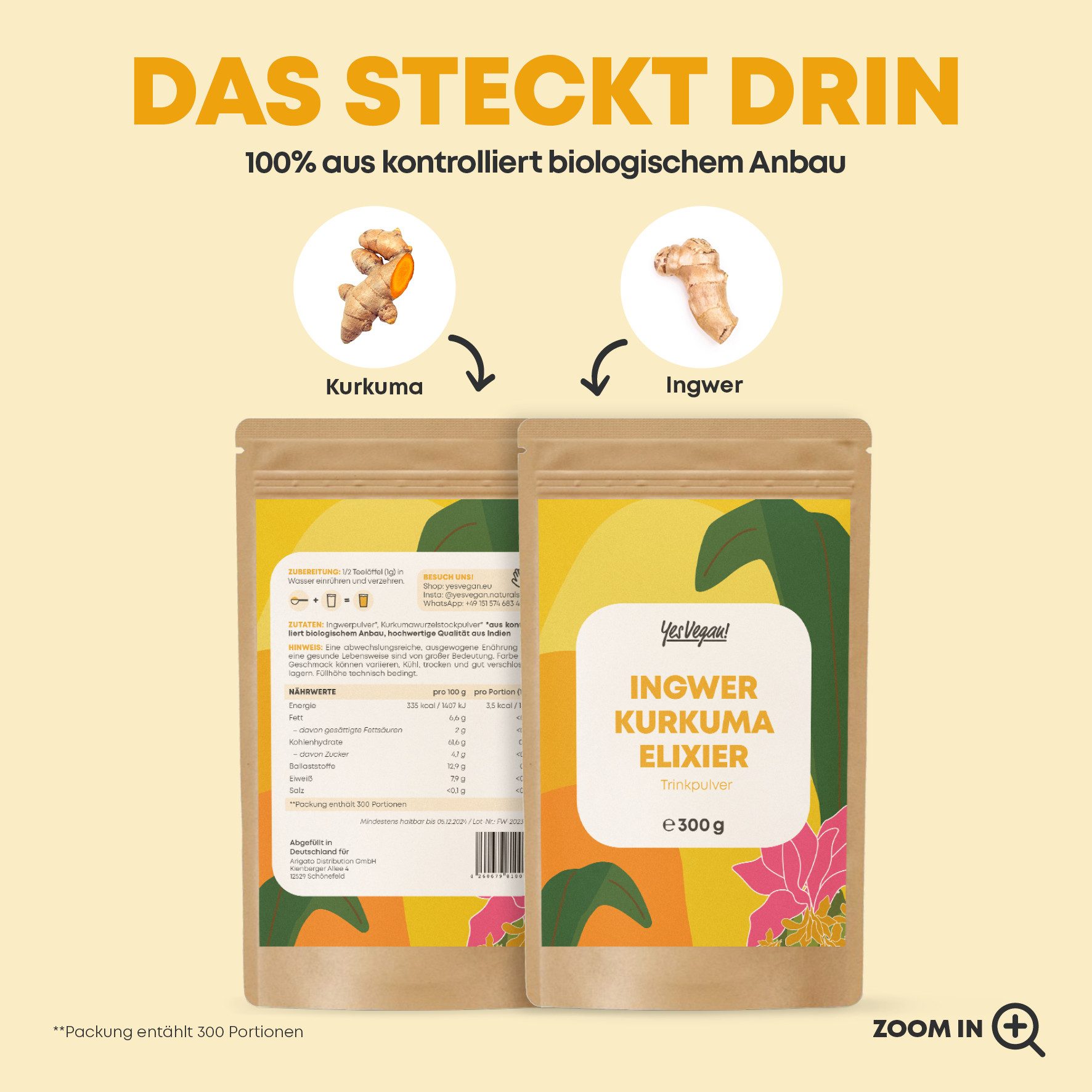 Yes Vegan Trinkpulver Ingwer Kurkuma 300g Packung Pulver