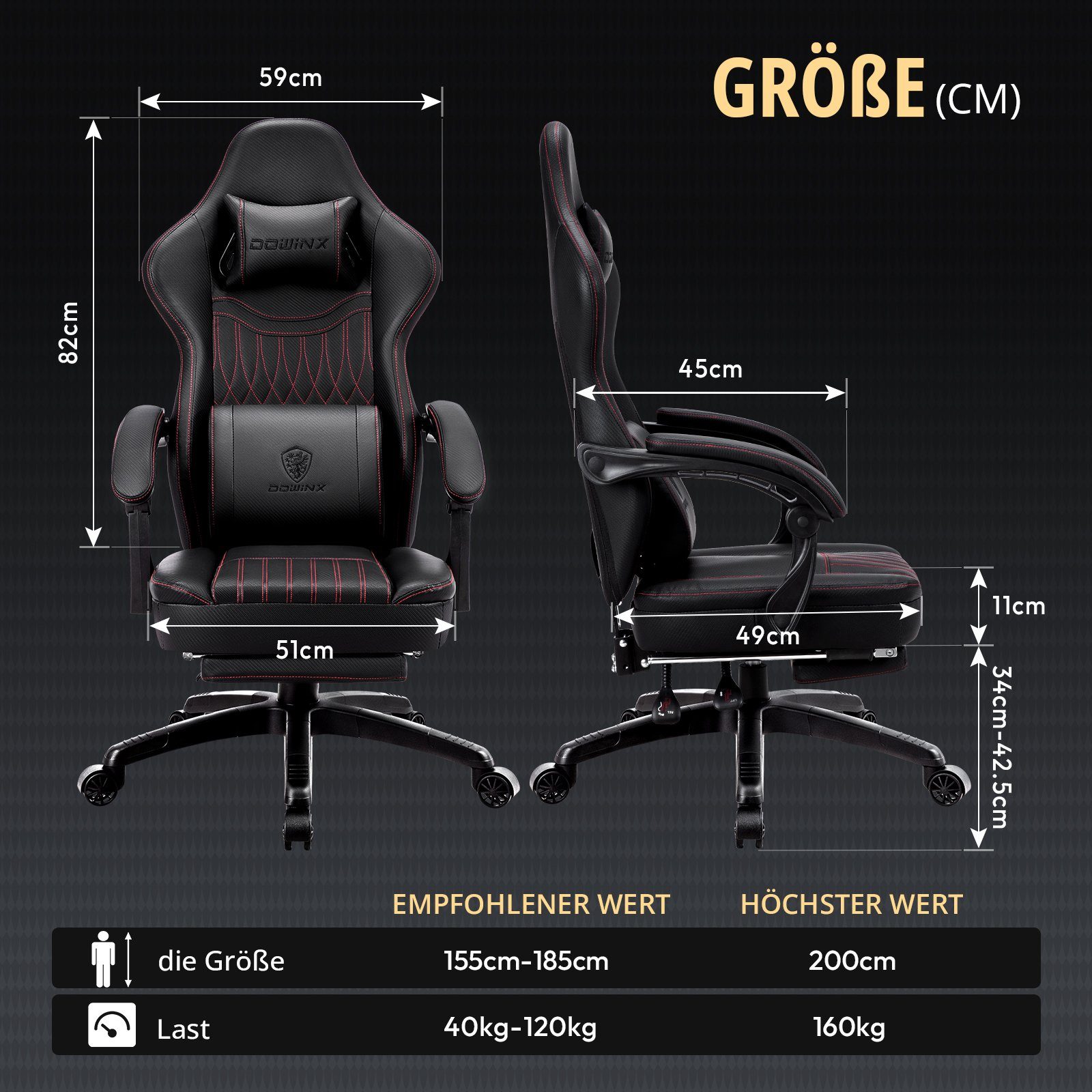 Dowinx Gaming-Stuhl Mit Federkissen, Massage-Lendenwirbelstütze Fußstütze, günstig online kaufen