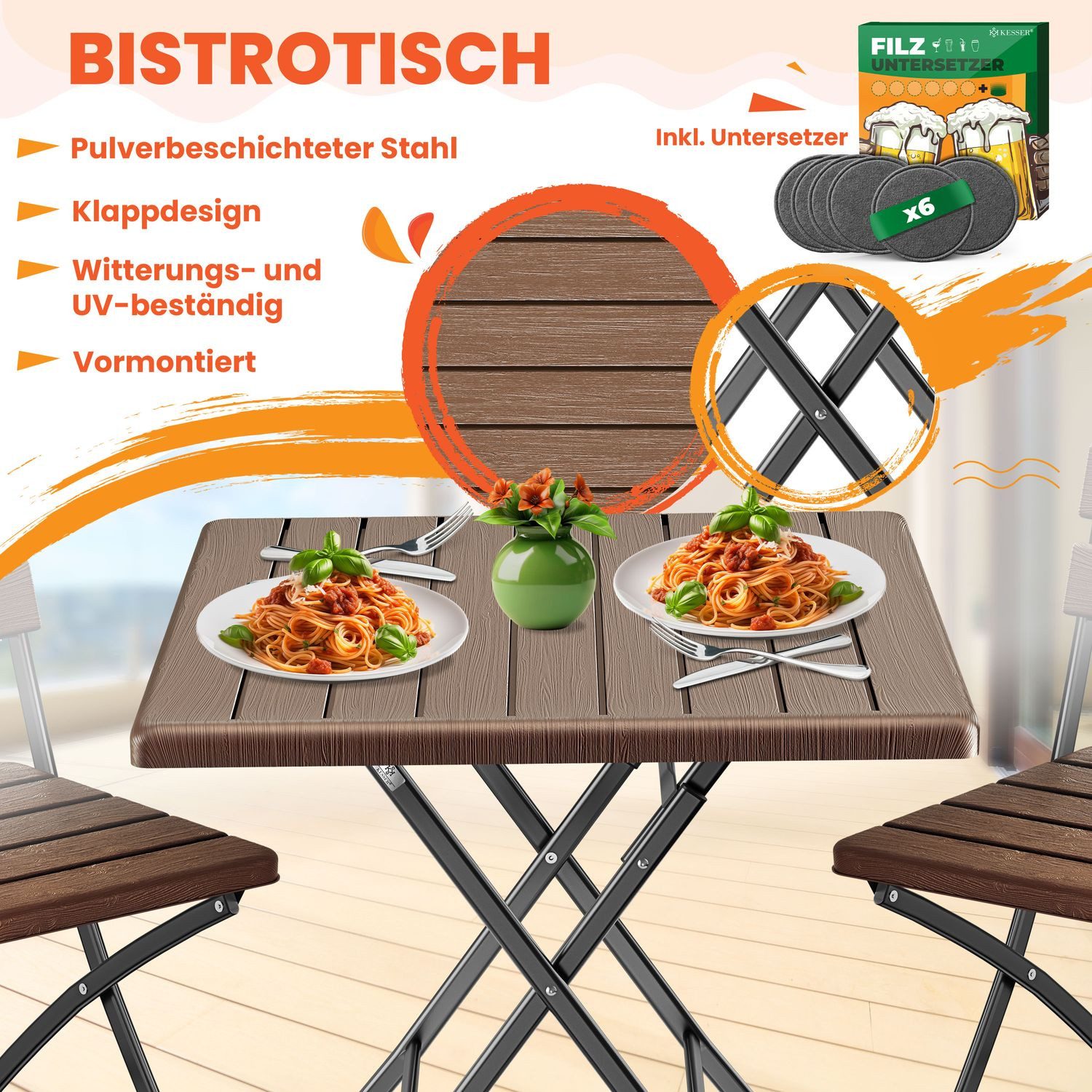 KESSER Bistrotisch Balkontisch klappbar (Gartentisch mit 6 Filz-Untersetzer günstig online kaufen