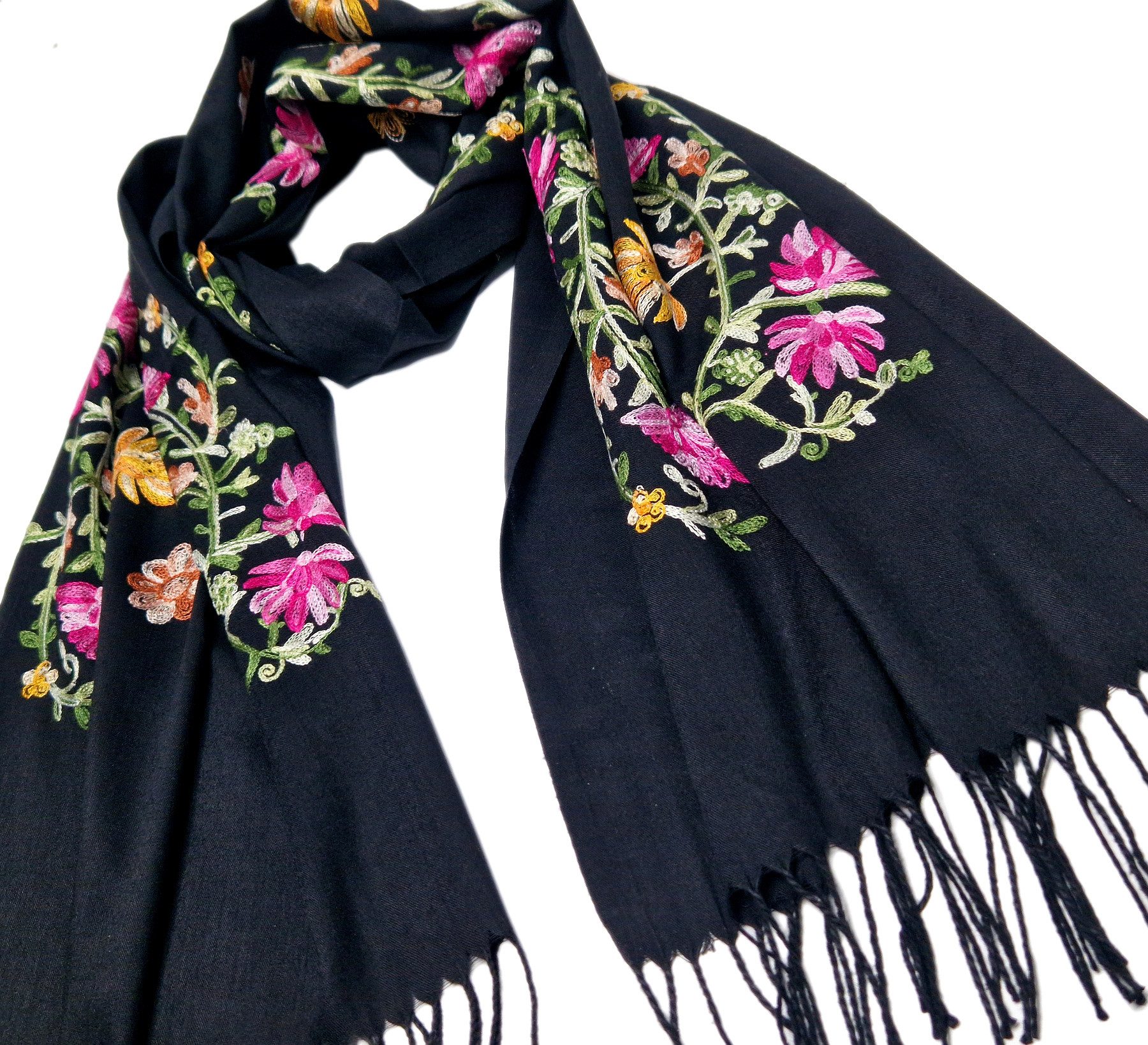 dy_mode Modeschal Damen Schal mit Stickerei Stola Frühlingsschal Weiches Halstuch, mit Blumen-Stickerei, mit Fransen