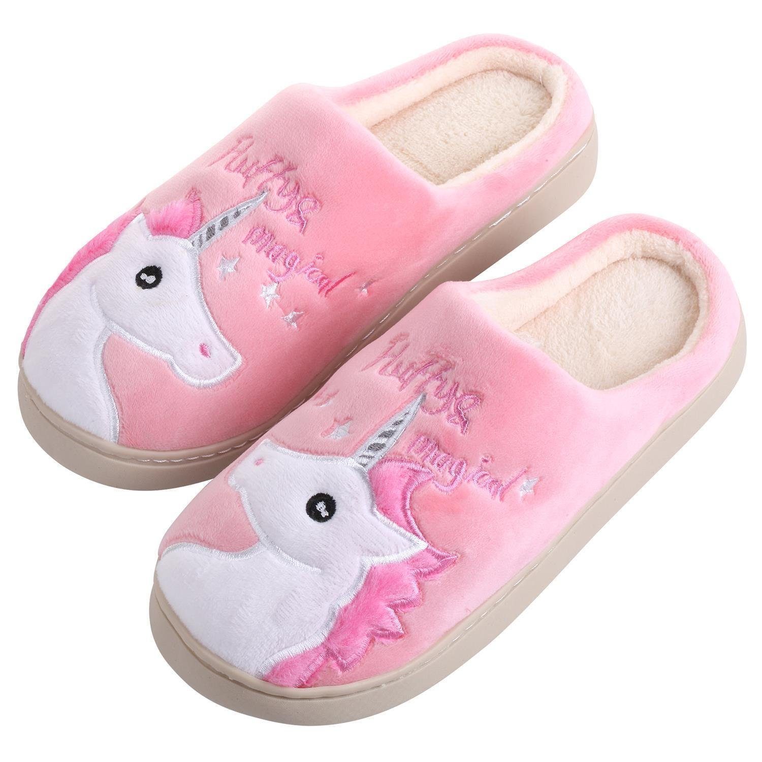 Katara Tier Pantoffeln Gr. 34-41 (Einhorn, Katze, Hase) Plüsch Hausschuhe Hausschuhe, weich, warm, süß, kuschelig, Plüsch Einhorn (Pink)