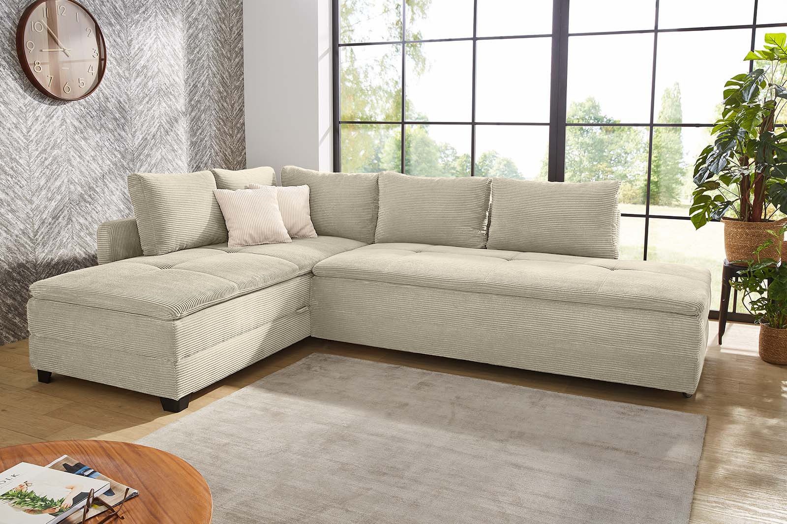 luma-home Ecksofa 15161, Dauerschläfer-Doppelbett B306/T223/H95 cm, Schwenkteil L/R, Bettkasten, Nachtkonsole, Boxspring, Federkern, Wellenunterfederung, Topper, Cord Beige Grau